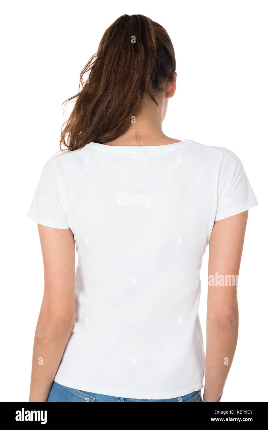 Ansicht der Rückseite des jungen Frau tragen Leer t-shirt vor weißem Hintergrund Stockfoto