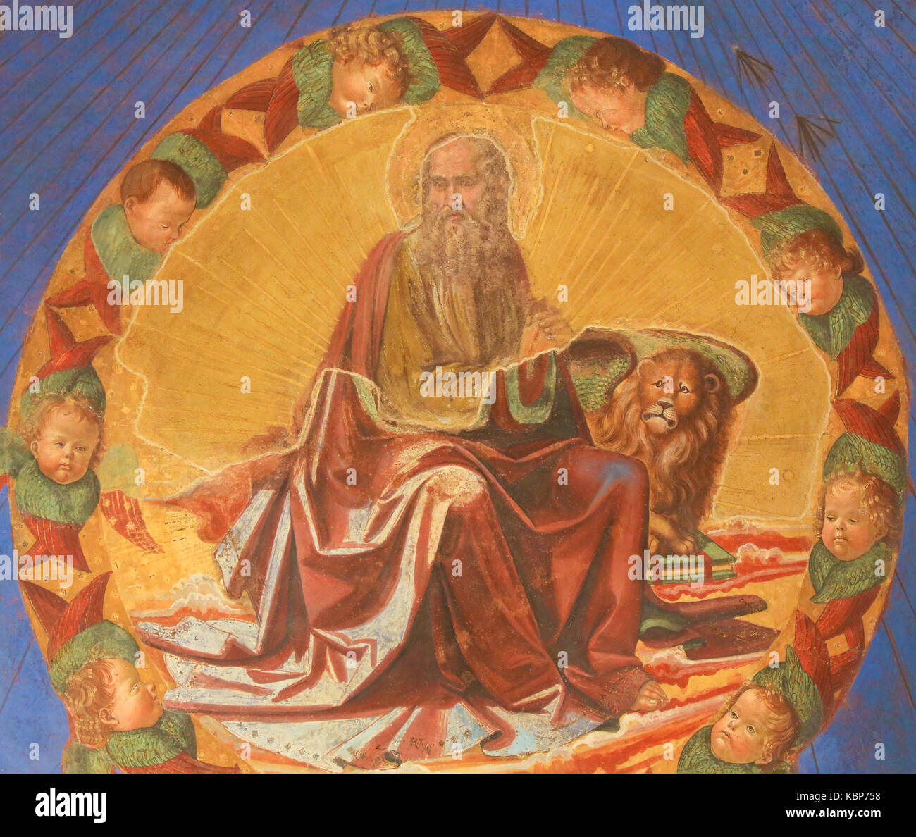 Renaissance Fresko der Evangelist Markus in der Collegiata oder Stiftskirche von San Gimignano, Italien. Stockfoto
