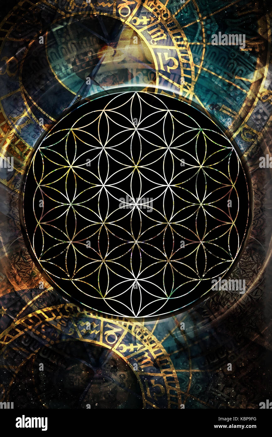 Blume des Lebens und der Tierkreis in den kosmischen Raum. Heilige Geometrie Stockfoto