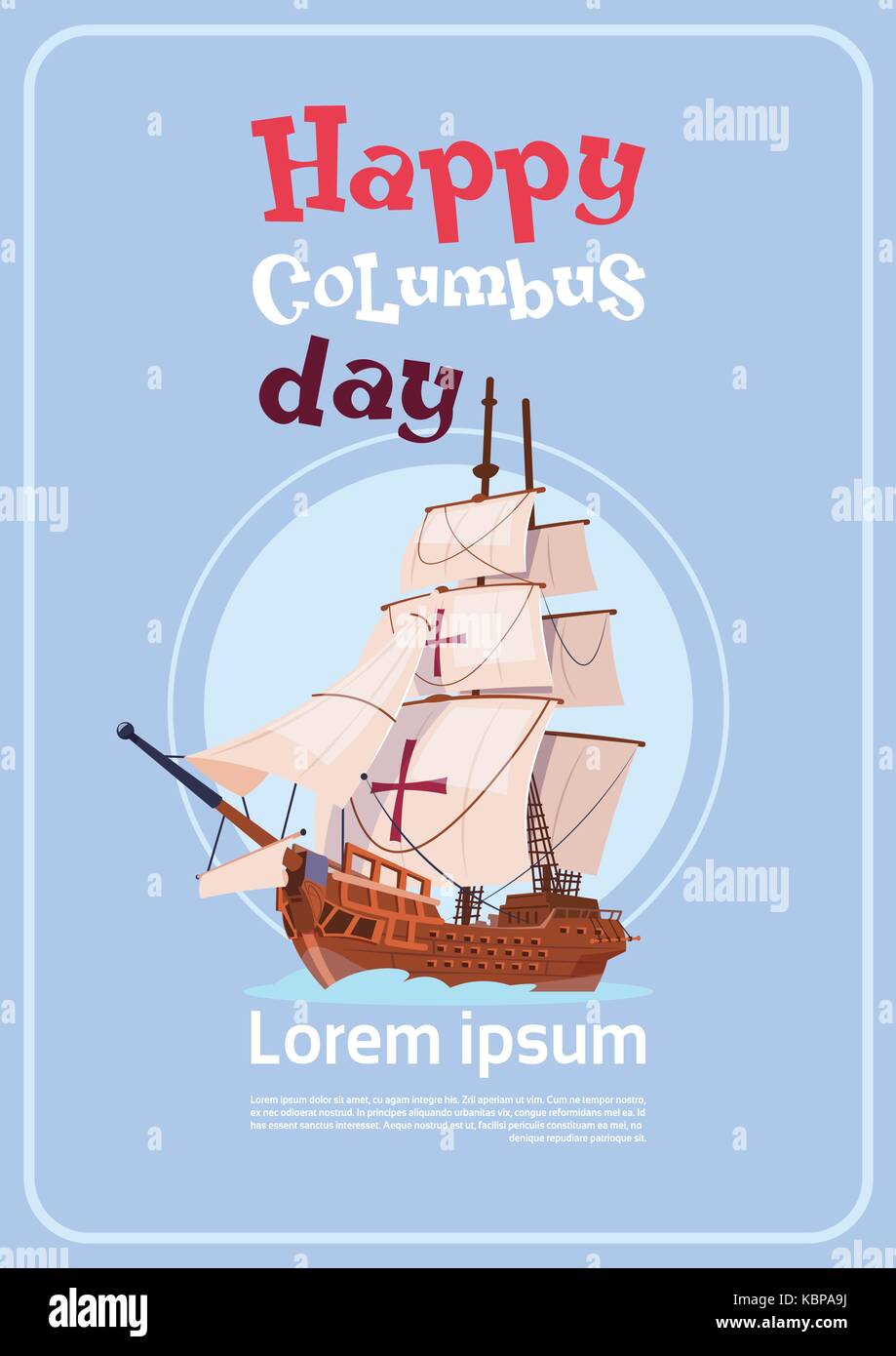 Happy Columbus Day Schiff im Ozean im Urlaub Poster Grußkarten Stock Vektor