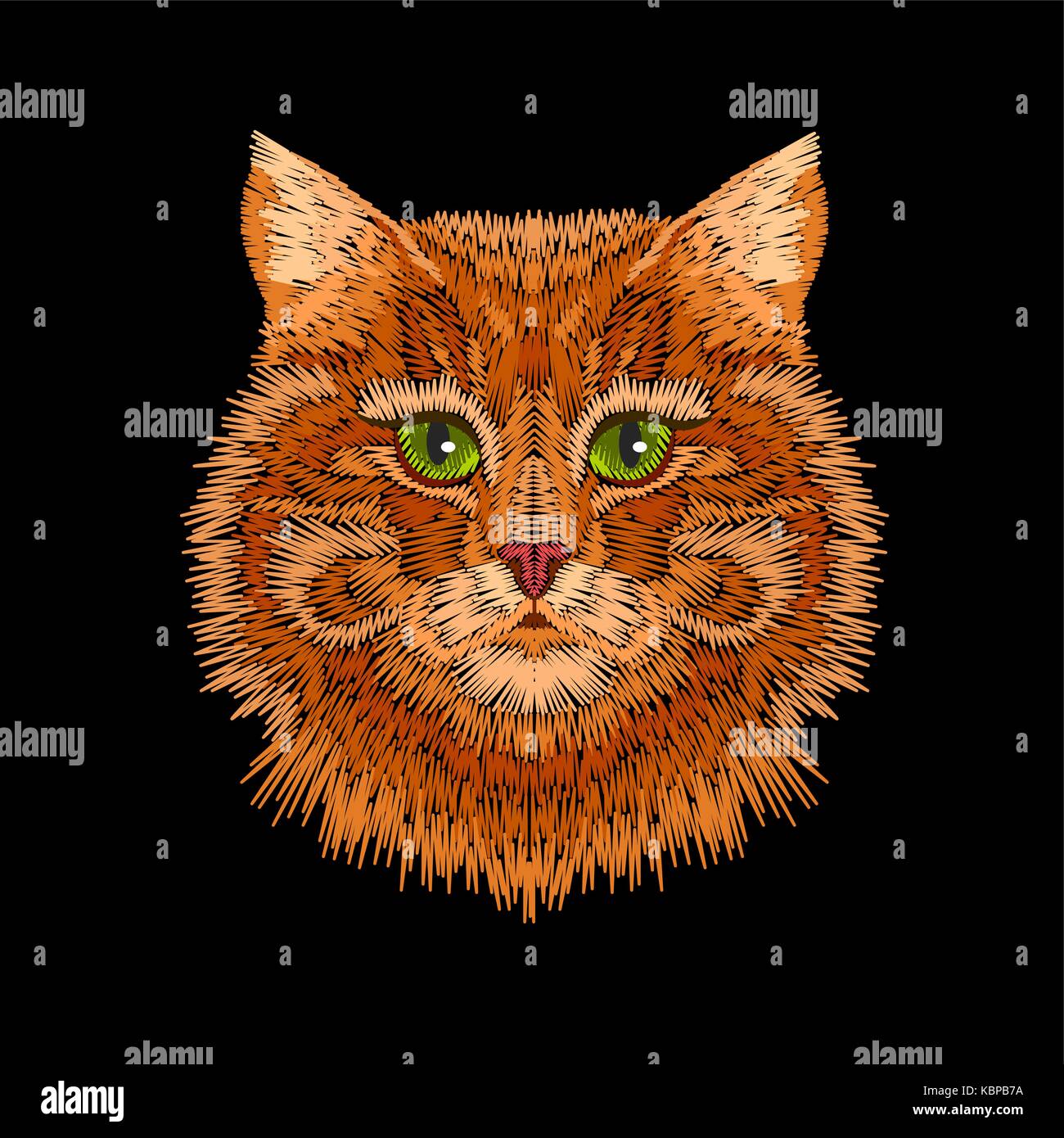 Rot orange gestreifte Katze grüne Augen Kopf Gesicht. Stickerei Design Print textile Dekoration stitch Textur patch Abzeichen traditionelle ornament Vektor illustr Stock Vektor