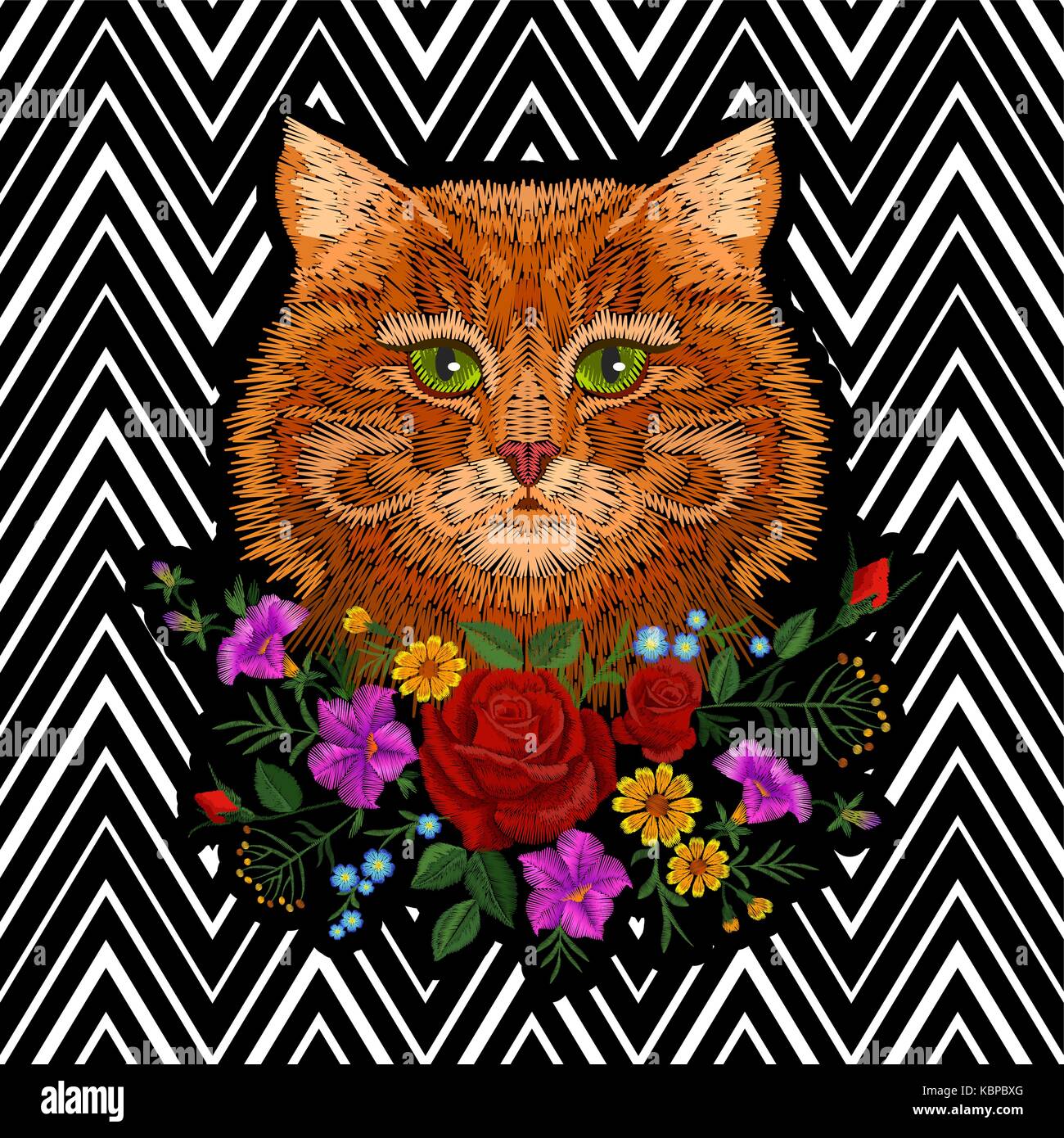 Rot orange gestreifte Katze grüne Augen Kopf Blumenarrangement Gesicht. Design Print textil Stickerei Dekoration stitch Textur patch Abzeichen stripe backgrou Stock Vektor