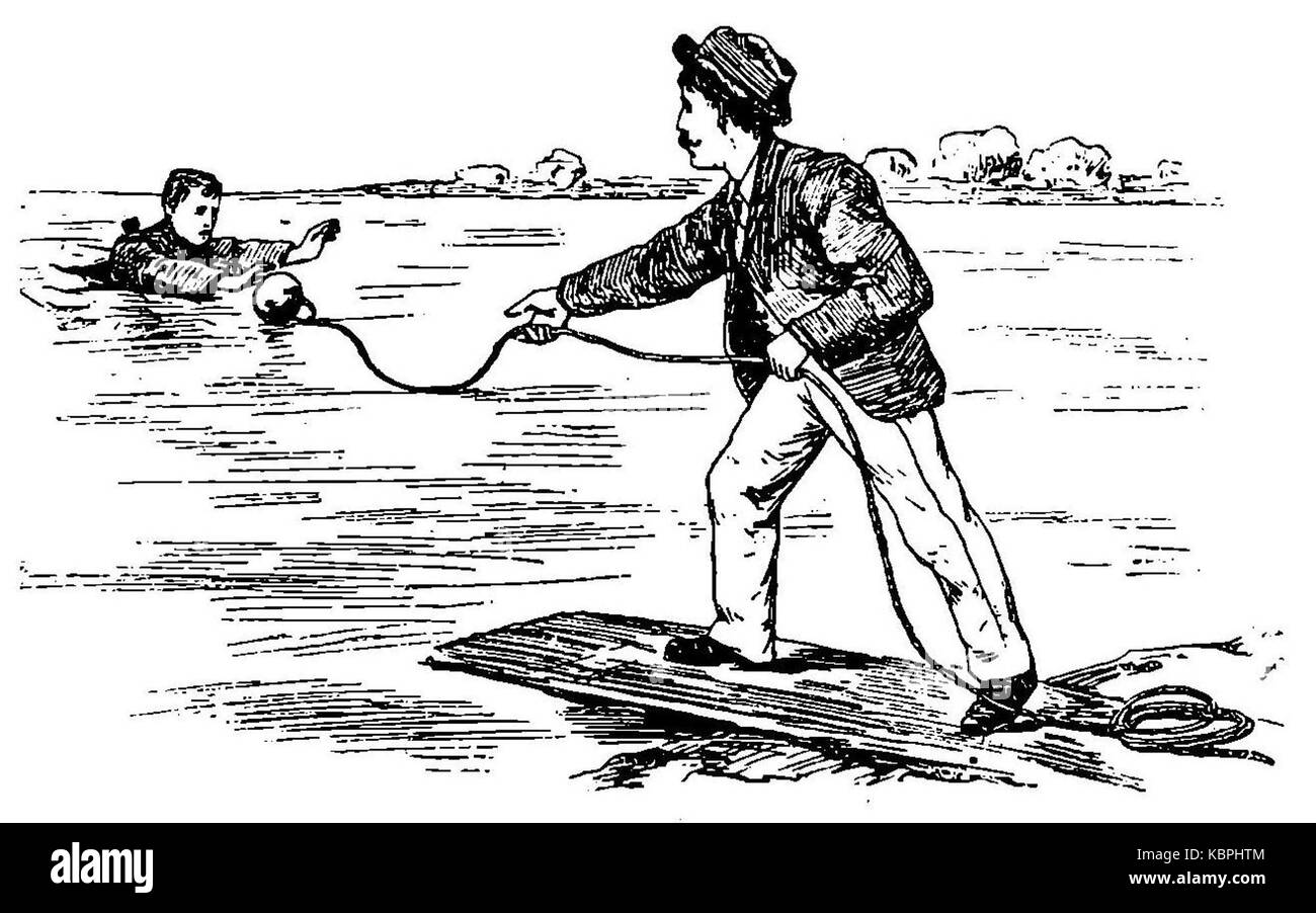 Dieses Bild zeigt eine Szene von Eisrettungsoperationen, die Grierson eingefangen hat. Es zeigt, wie Retter mit einem Seil Einzelpersonen vor gefährlichen Eisbedingungen retten, was die entscheidende Rolle von Rettungsteams in Winternotfällen verdeutlicht. Stockfoto