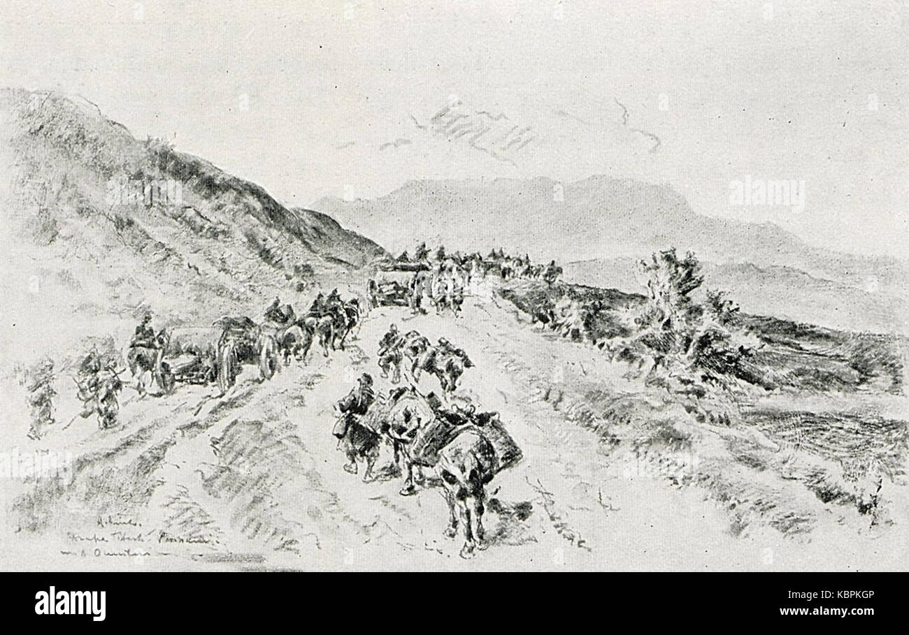 Diese Fotografie aus dem Jahr 1916 zeigt das deutsche Alpenkorps im Făgăraș-Gebirge, Rumänien, während des Ersten Weltkrieges, gefangen von Albert Reich. Stockfoto