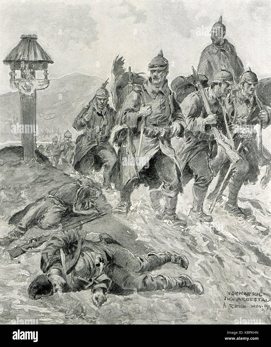 1916 Albert Reich Arges, trupe relevant in Mars pe Valea Argesului p40 Stockfoto
