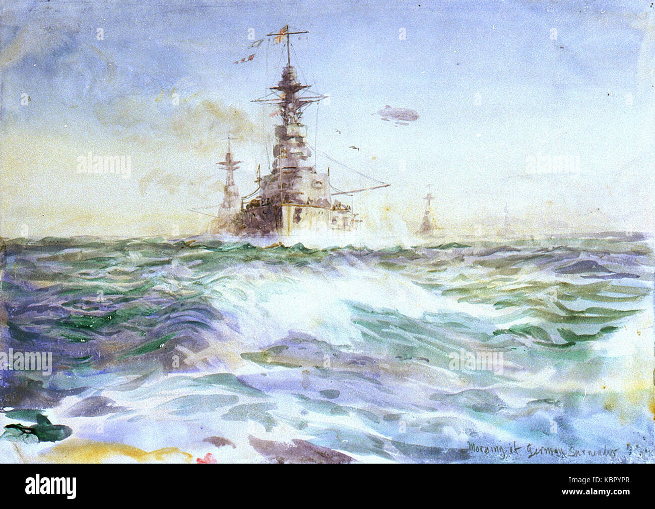Die britischen Schlachtschiffe des 1. Battle Squadron auf See am Morgen der deutschen Kapitulation, 21. November 1918 RMG-PW1743 Stockfoto