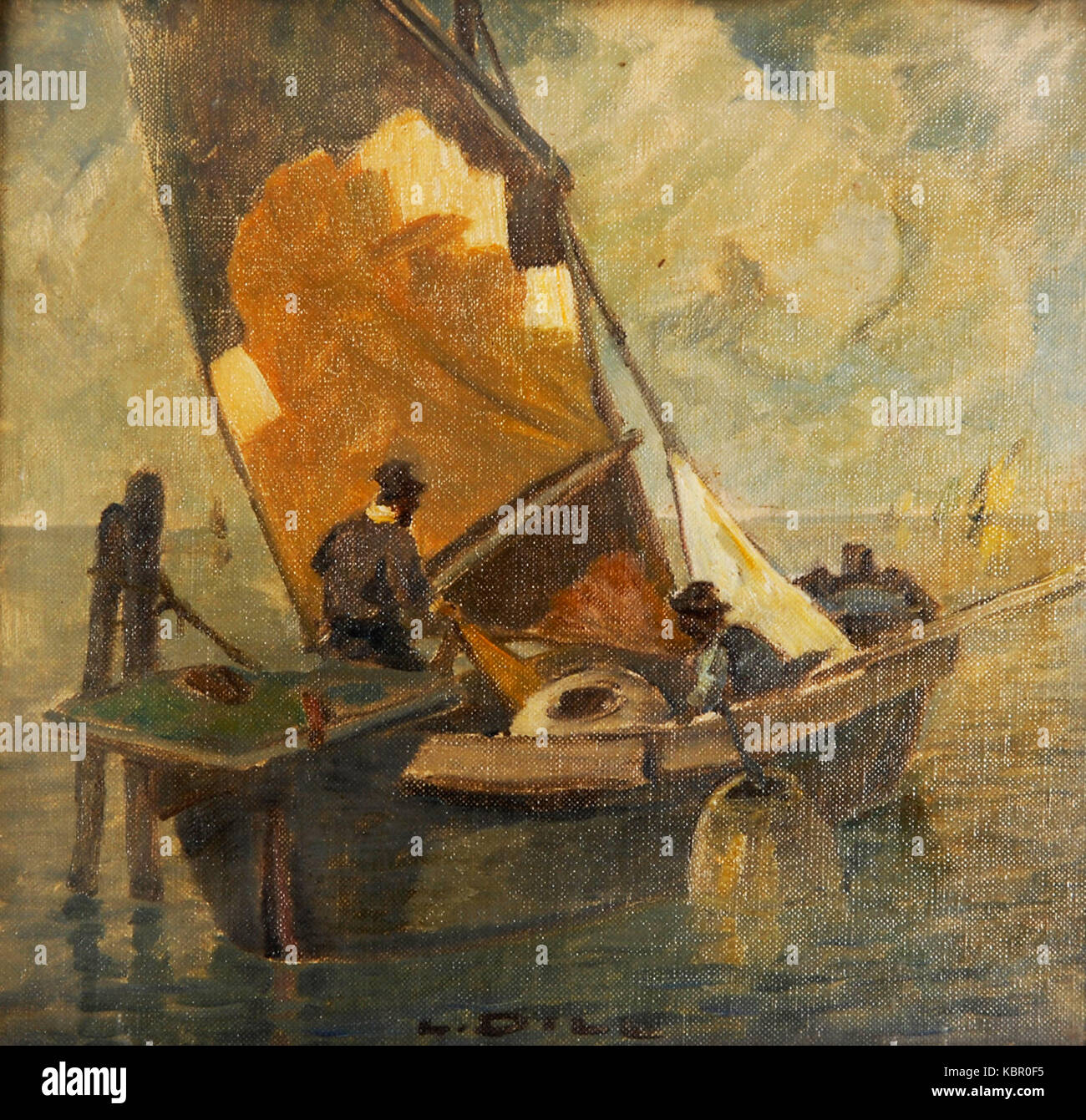 Ludwig Dills Gemälde mit dem Titel „Venezianisches Fischerboot“ zeigt ein venezianisches Fischerboot auf dem Wasser. Das Kunstwerk fängt das Wesen der venezianischen maritimen Kultur ein und zeigt die Struktur des Bootes und seine Rolle in der lokalen Fischereiindustrie. Stockfoto