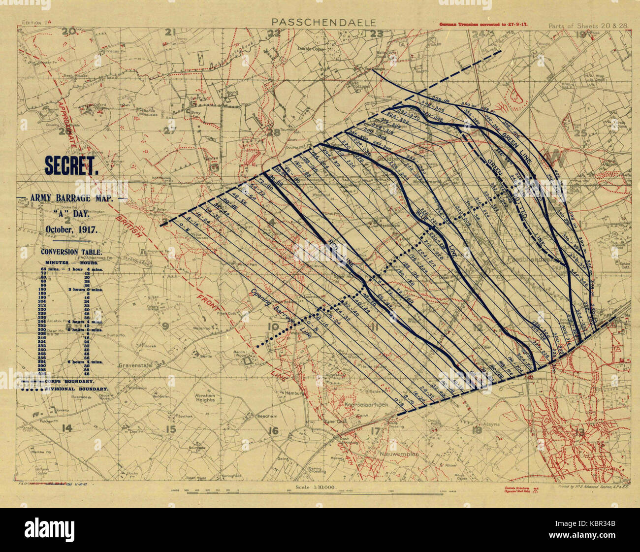 Erste Schlacht von Passchendaele barrage Karte Stockfoto