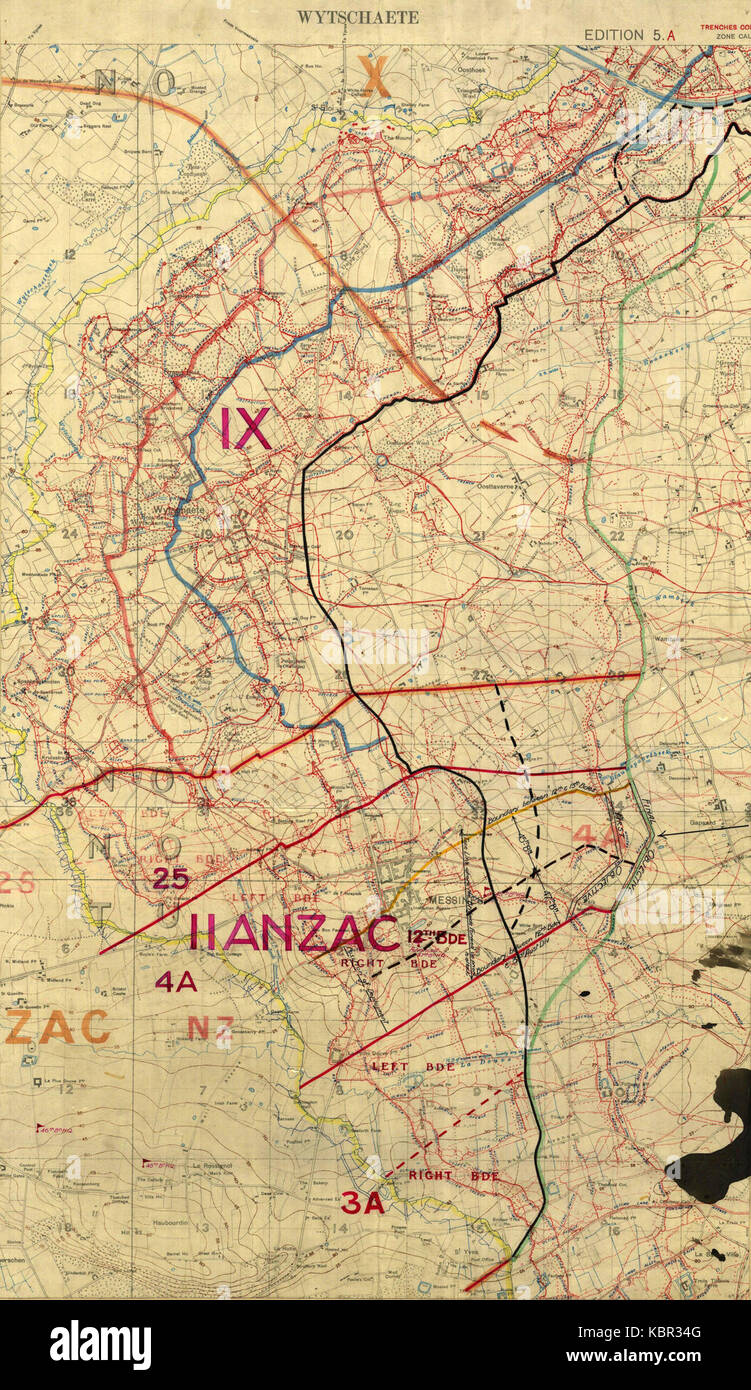 Eine zugeschnittene Karte der Schlacht von Messines, die die militärische Planung und Strategie für die Schlacht im Ersten Weltkrieg beschreibt. Stockfoto