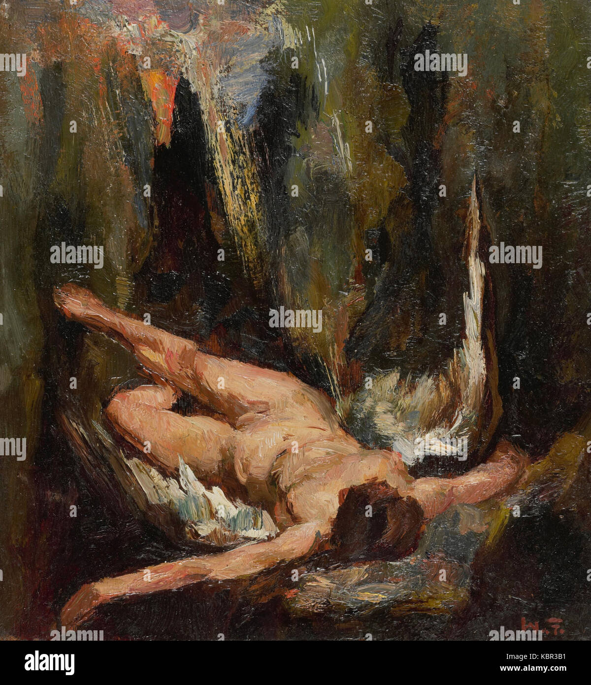 Ein Gemälde von Willem de Zwart mit dem Titel „de gevallen engel“, das eine dramatische und symbolische Darstellung des gefallenen Engels darstellt, ein gängiges Thema in der europäischen Kunst. Stockfoto