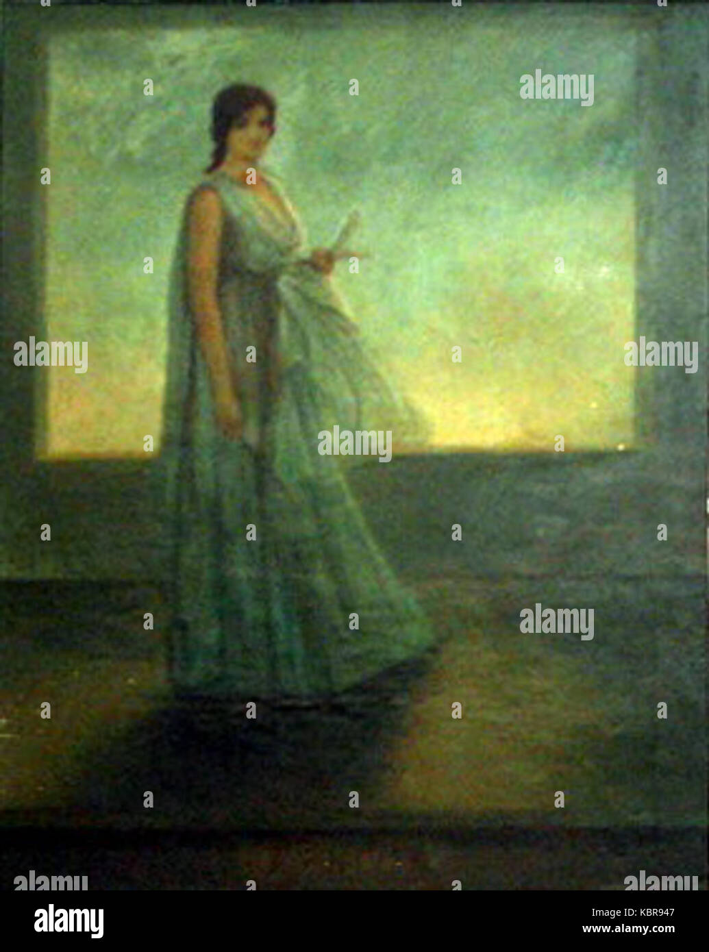 „La Pintura“ von Julio Romero de Torres ist ein spanisches Gemälde aus dem 20. Jahrhundert, das künstlerische Darstellungen erforscht, wobei der Schwerpunkt auf der Darstellung von Frauen und Schönheit in der spanischen Kultur liegt. Stockfoto