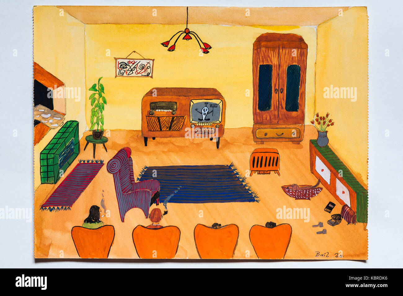 Wohnzimmer, Zeichnung, Zeichnung der Kinder, 12 Jahre, Deutschland Stockfoto
