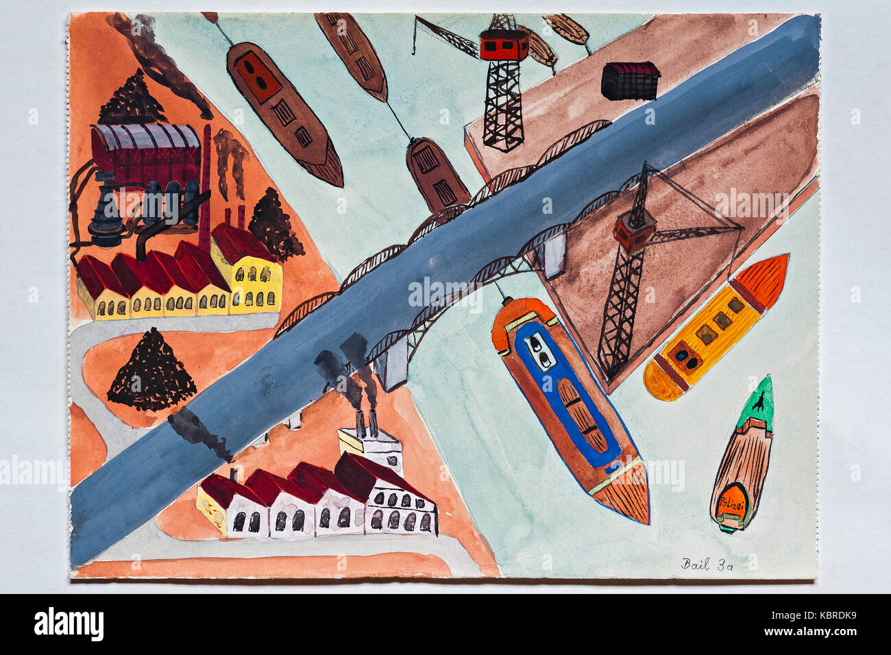 Brücke, mit Bootszeichnung, Kinderzeichnung, 12 Jahre, Deutschland Stockfoto