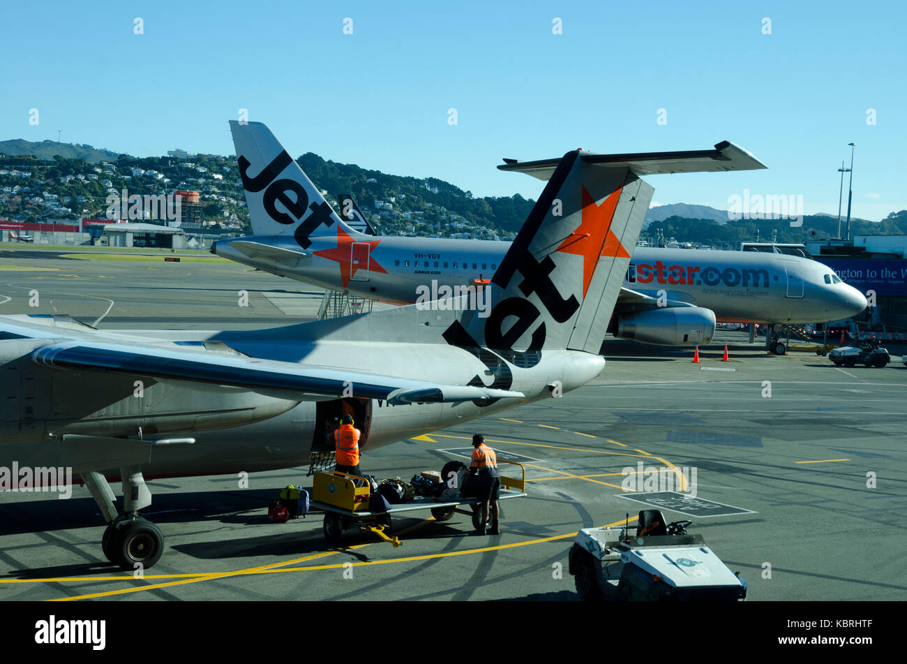 Jetstar Flugzeuge am Flughafen, Wellington, Neuseeland Stockfoto