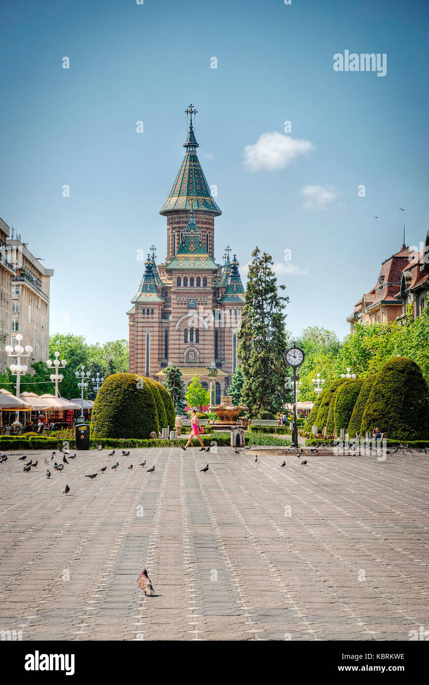 Die orthodoxe Kathedrale von Timisoara mit Garten über Piata Unirii Stockfoto