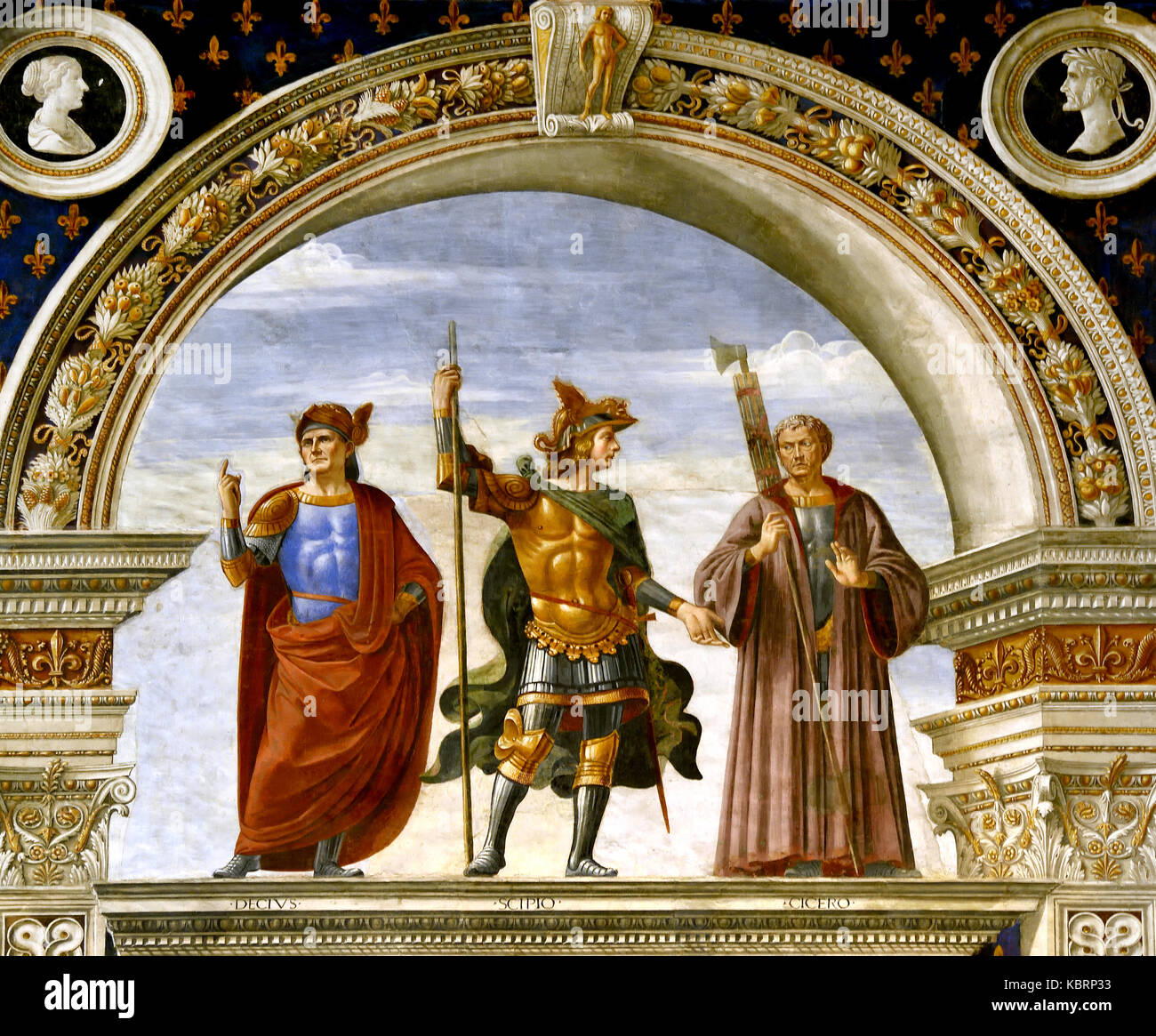 Zimmer von den Lilien, von Domenico Ghirlandaio, 1482-1484, 15. Jahrhundert, Fresko Toskana Decius, Scipio und Cicero (Decio, Scipione e Cicerone), der Palazzo Vecchio Florenz Italienisch Italien Stockfoto