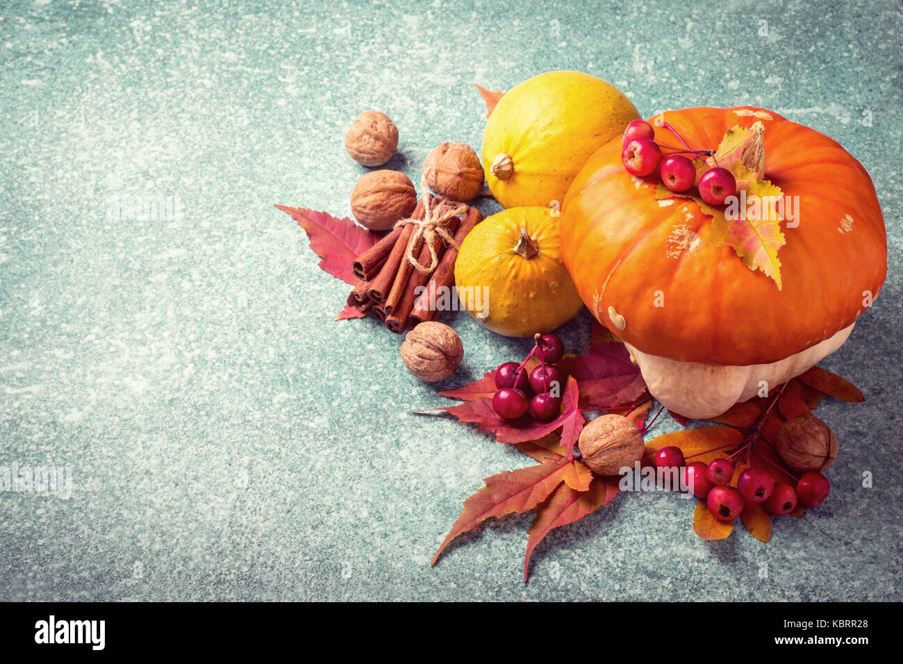 Herbst Kürbis Thanksgiving Zusammensetzung auf blauem Hintergrund. Stockfoto