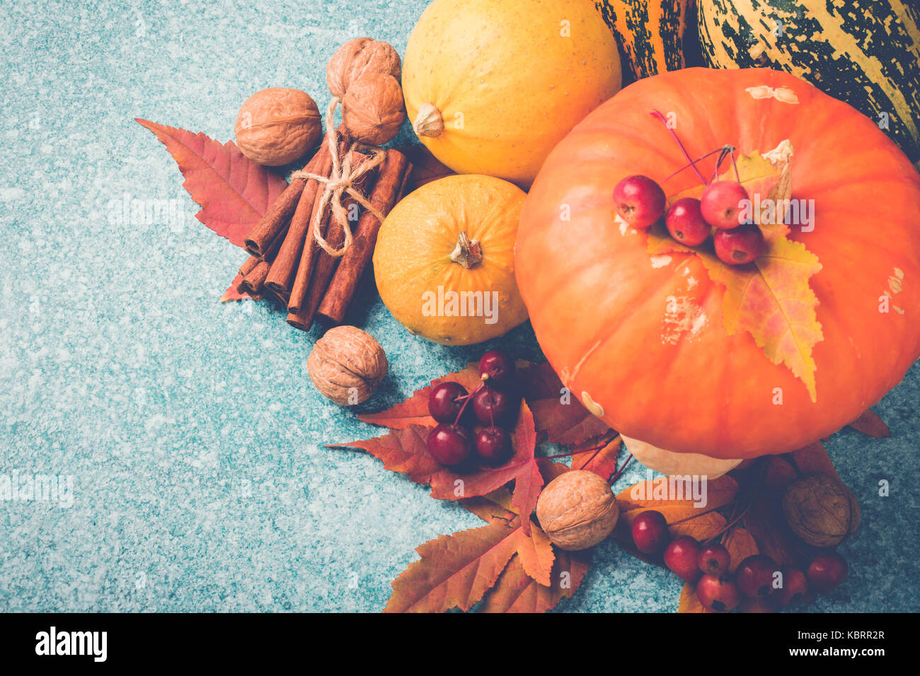 Herbst Kürbis Thanksgiving Zusammensetzung mit Blättern und Nüssen. Ansicht von oben. Stockfoto
