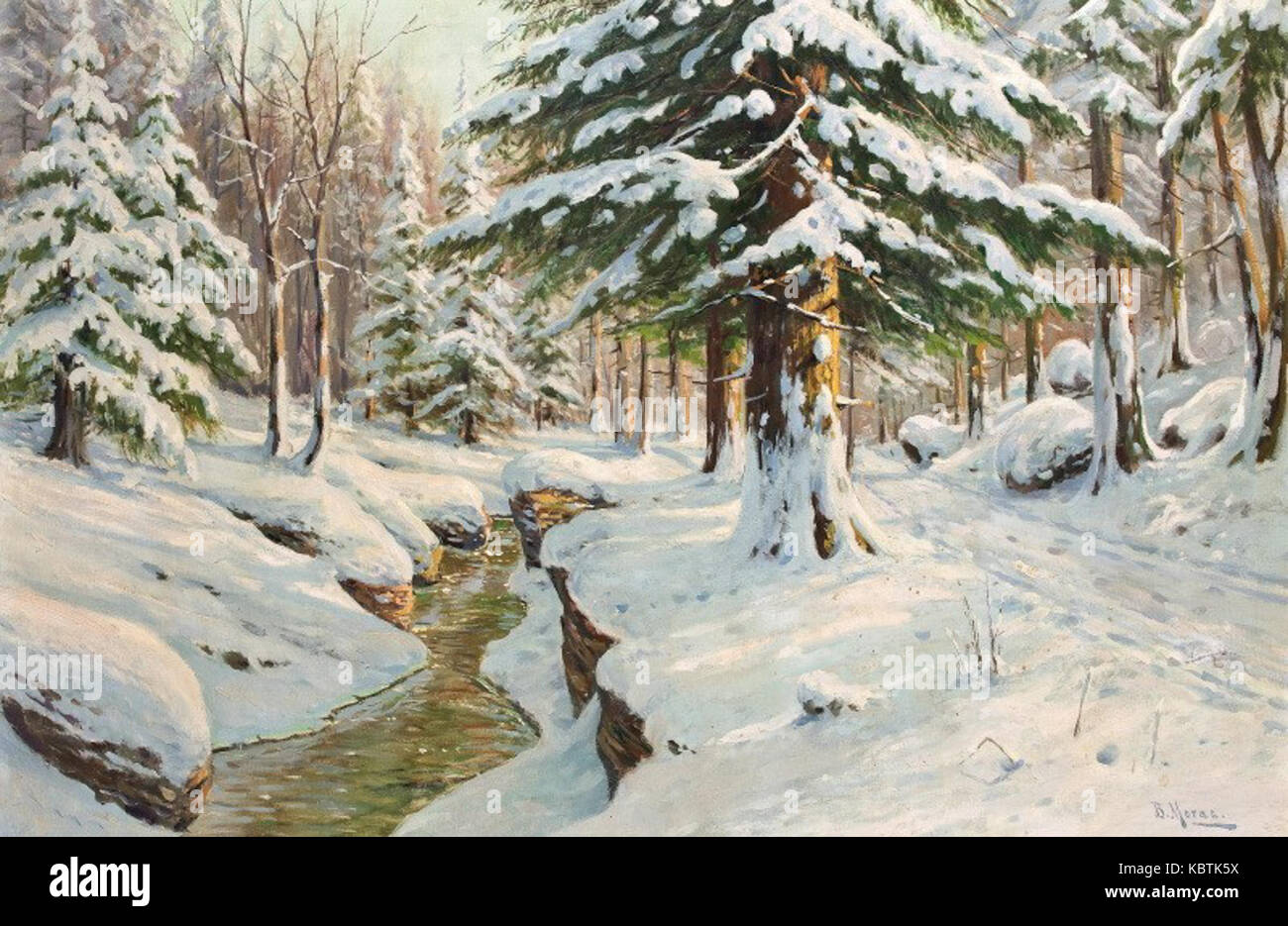 Bruno Moras' „Winter am Waldbach“ ist ein Gemälde, das eine Winterlandschaft am Bach darstellt und die heitere Schönheit der Natur während der kälteren Monate in realistischem Stil festlegt. Stockfoto