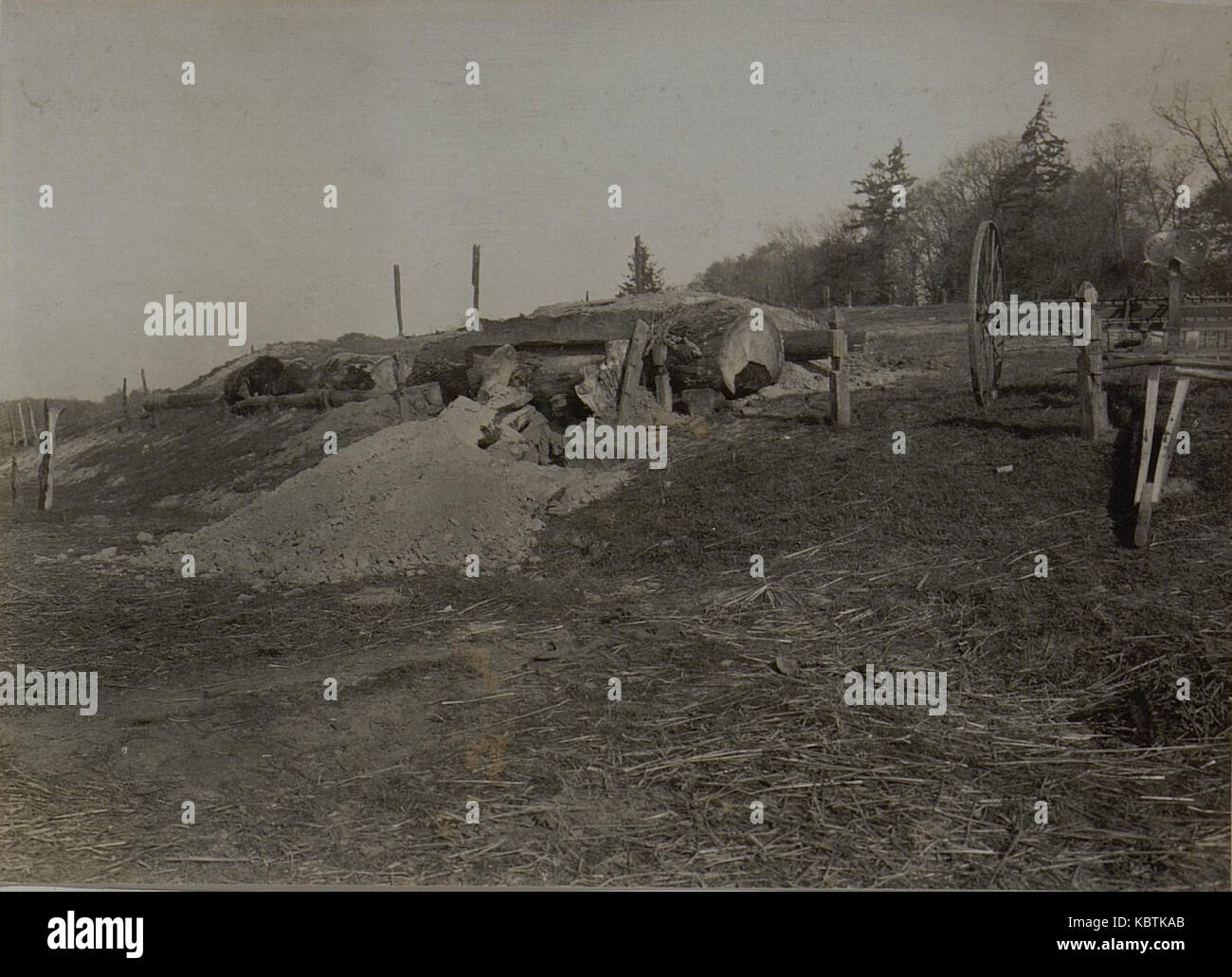 Ein Foto, das am 19. November 1915 aufgenommen wurde und das bombensichere Unterschlupf der 3. Infanteriedivision in Chorlupy zeigt, zeigt militärische Verteidigungsstrukturen des Ersten Weltkriegs. Stockfoto