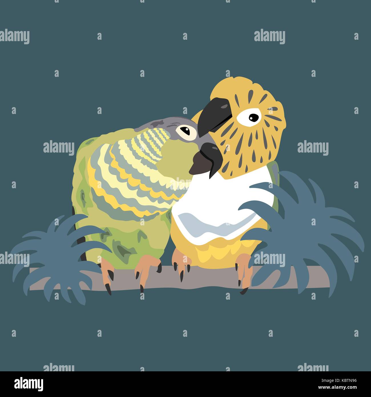 Zwei niedlichen Papageien genießen Sie Ihre Zeit zusammen. Grüne Wange Conures. Vector Illustration Stock Vektor