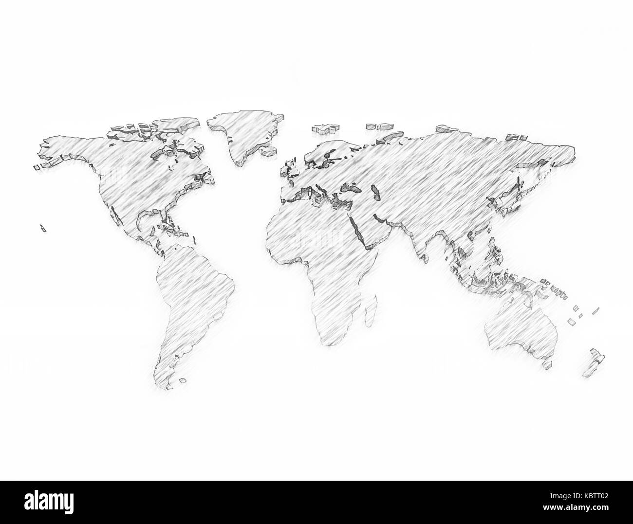 World Map 3d-Bleistift Skizze auf weißem Hintergrund Stockfoto