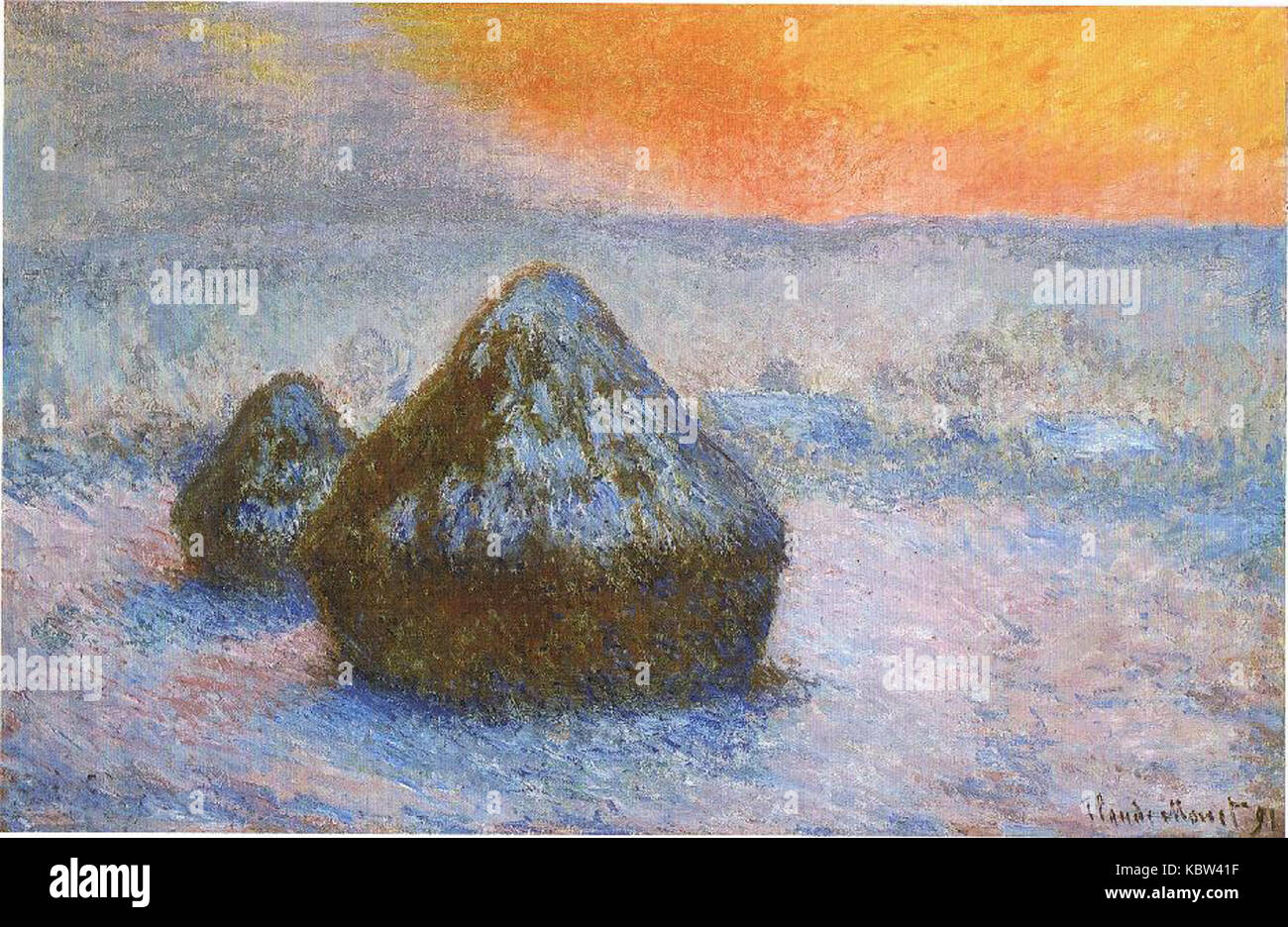 1278 Wheatstacks (Sonnenuntergang, Schnee Effekt), 1890 91, 65,3 x 100,4 cm, 25 11 16 x 39 1 2 in., das Kunst Institut von Chicago Stockfoto 1278 Wheatstacks (Sonnenuntergang, Schnee Effekt), 1890 91, 65,3 x 100,4 cm, 25 11 16 x 39 1 2 in., das Kunst Institut von Chicago Stockfoto