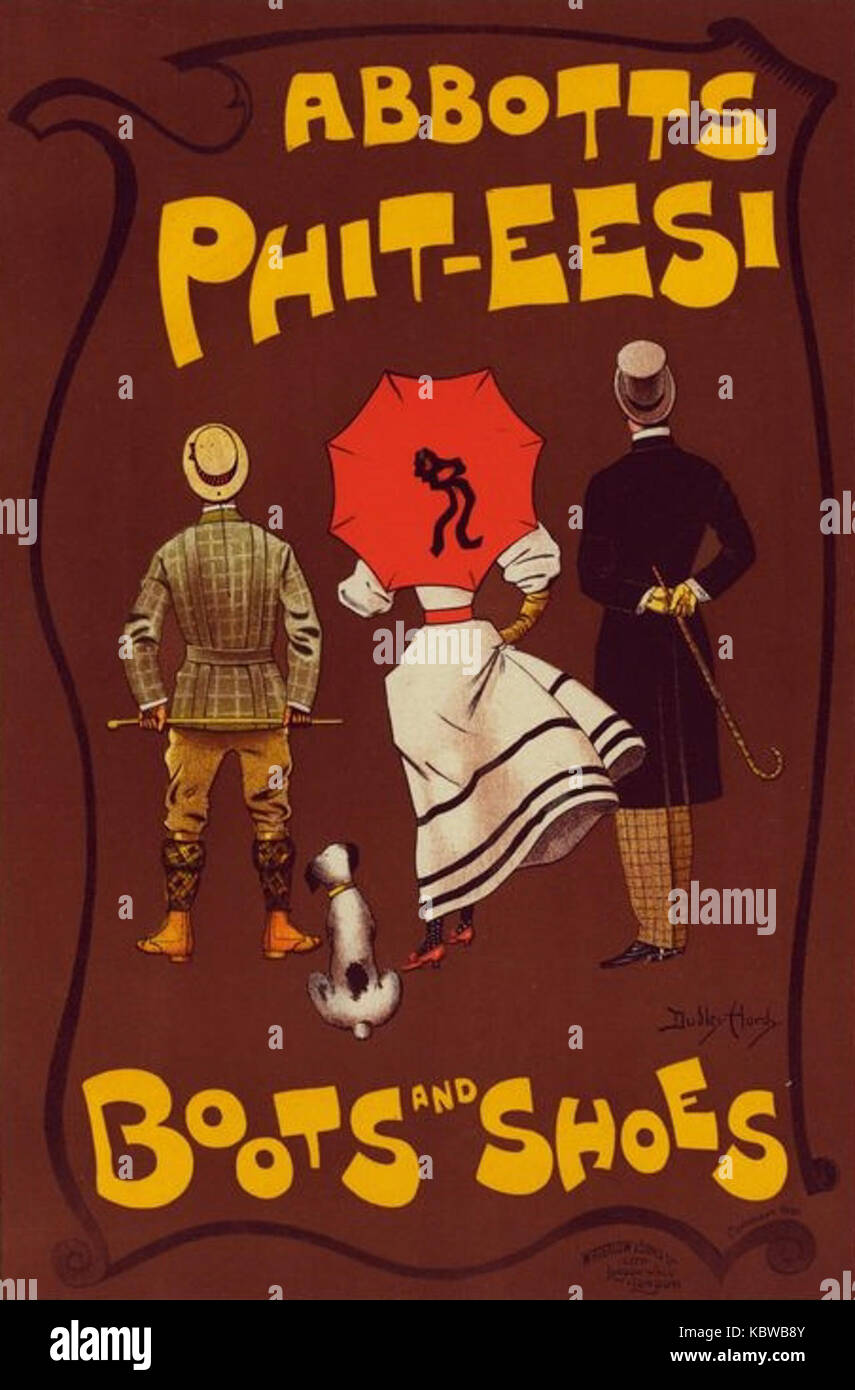 Das Dudley Hardy Poster für Stiefel und Schuhe zeigt ein Vintage-Design, das hochwertige Schuhe fördert, ein bemerkenswertes Beispiel für Werbung und Modeschöpfung des frühen 20. Jahrhunderts. Stockfoto