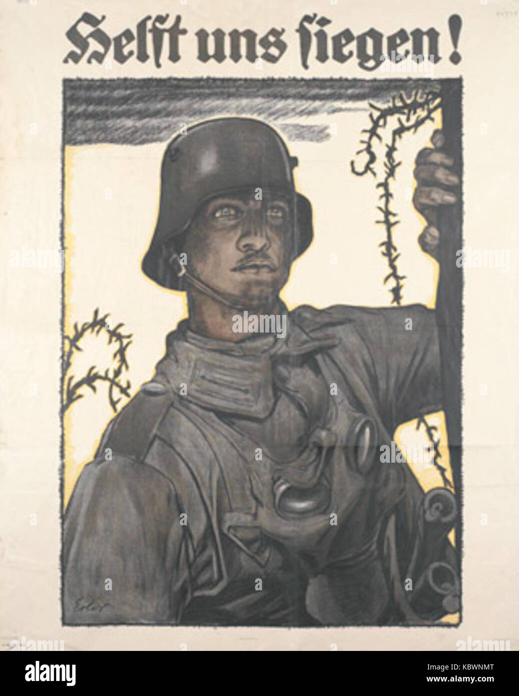 Das Poster aus der Zeit des Ersten Weltkriegs mit dem Titel „Helft uns siegen“ wurde von Erler entworfen. Sie fördert die Unterstützung der Kriegsanstrengungen und ermutigt die Bürger, durch Propaganda zur militärischen Sache beizutragen. Stockfoto