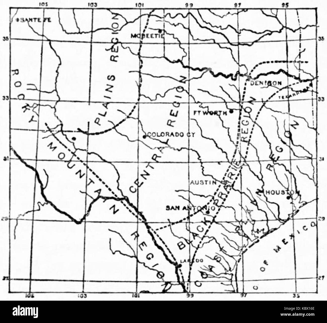 Karte oder Dokument, die die EB9-Klassifizierung der geografischen Bereiche innerhalb des Bundesstaates Texas zeigt und Regionen und Grenzen identifiziert. Stockfoto