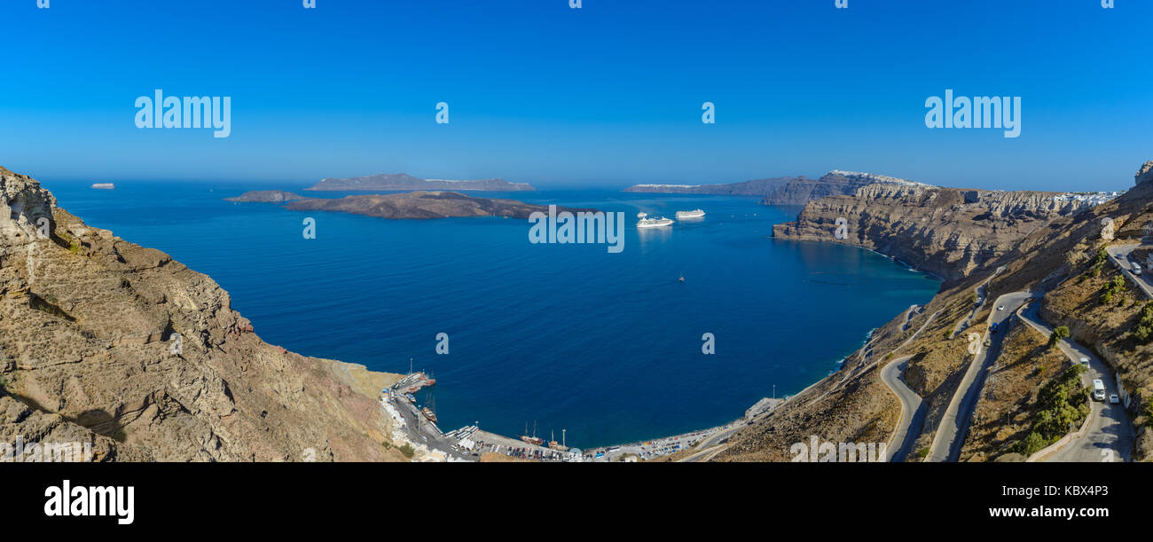 Panoramischen Überblick über Santorini Thira, Griechenland, auf die Caldera, Ägäis. Stockfoto