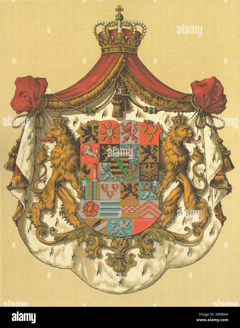 Das Wappen des Deutschen Reiches Herzogtum Sachsen Coburg und Gotha ist ein historisches Wappen, das das Herzogtum Sachsen-Coburg und Gotha innerhalb des Deutschen Reiches repräsentiert und die regionale Autorität und das Erbe symbolisiert. Stockfoto