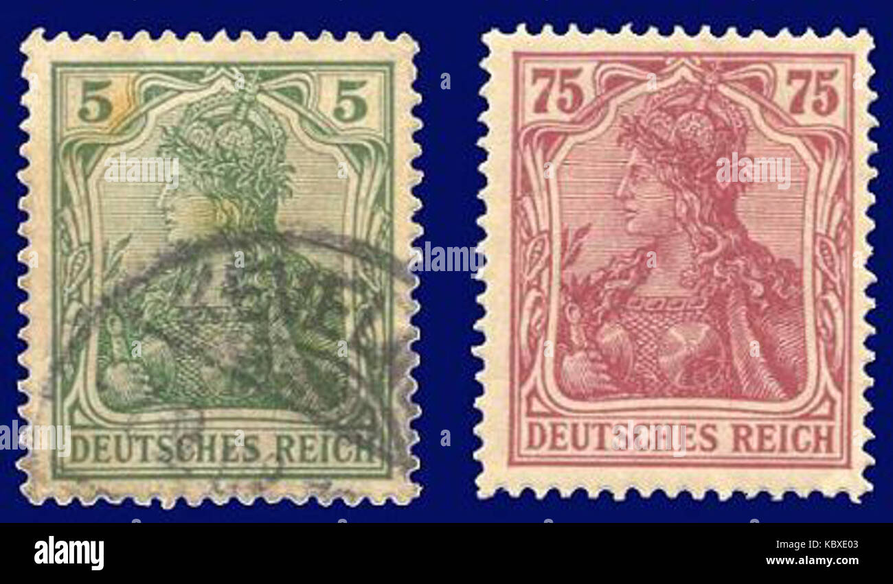 Eine deutsche Briefmarke aus der Zeit vor 1945, wahrscheinlich aus der Zeit vor dem Ende des Zweiten Weltkriegs Briefmarken aus dieser Zeit spiegeln oft das politische Klima und die Gestaltungsstile des Vorkriegsdeutschlands wider. Stockfoto