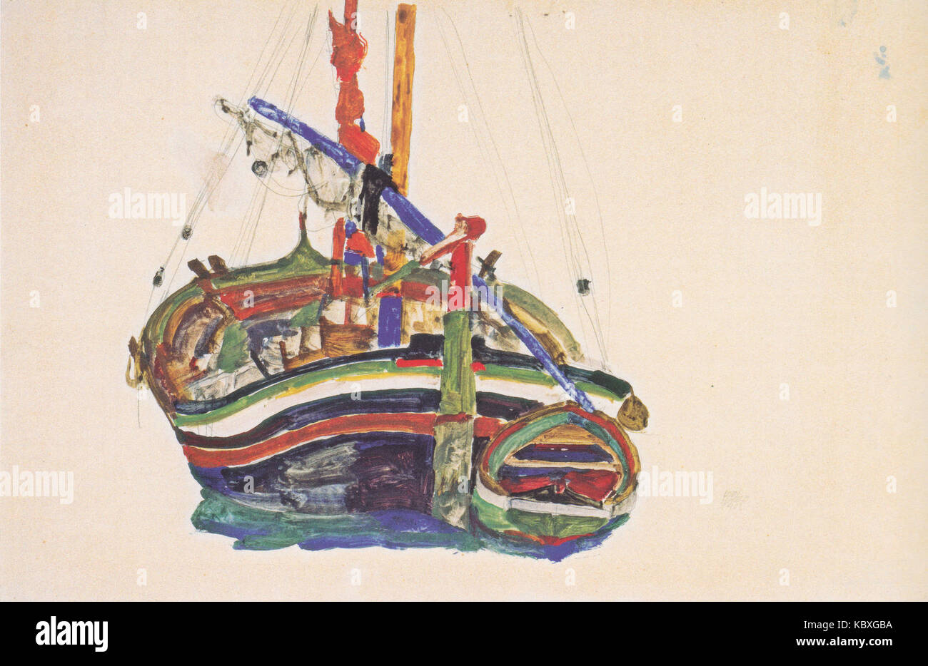 Triestiner Fischerboot ist ein Gemälde von Egon Schiele aus dem Jahr 1912, das seinen charakteristischen Stil ausdrucksstarker und verzerrter Figuren zeigt. Das Werk repräsentiert eine Fischerbootsszene in Triest, mit mutigen Strichen und emotionaler Intensität, die für Schieles Umgang mit moderner Kunst charakteristisch sind. Stockfoto