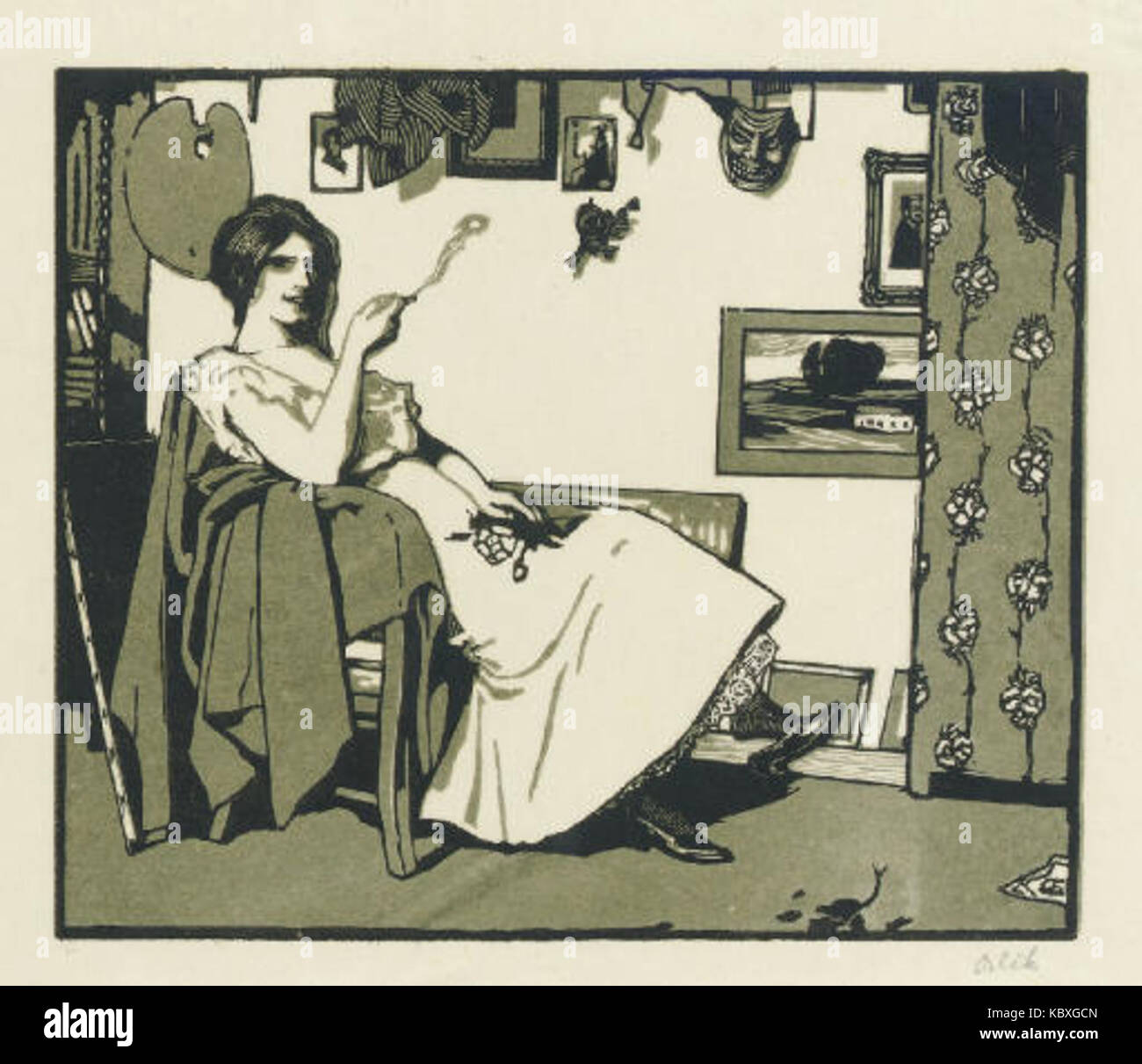 Emil Orlik Kleiner Holzschnitt mit rauchender Frau Stockfoto