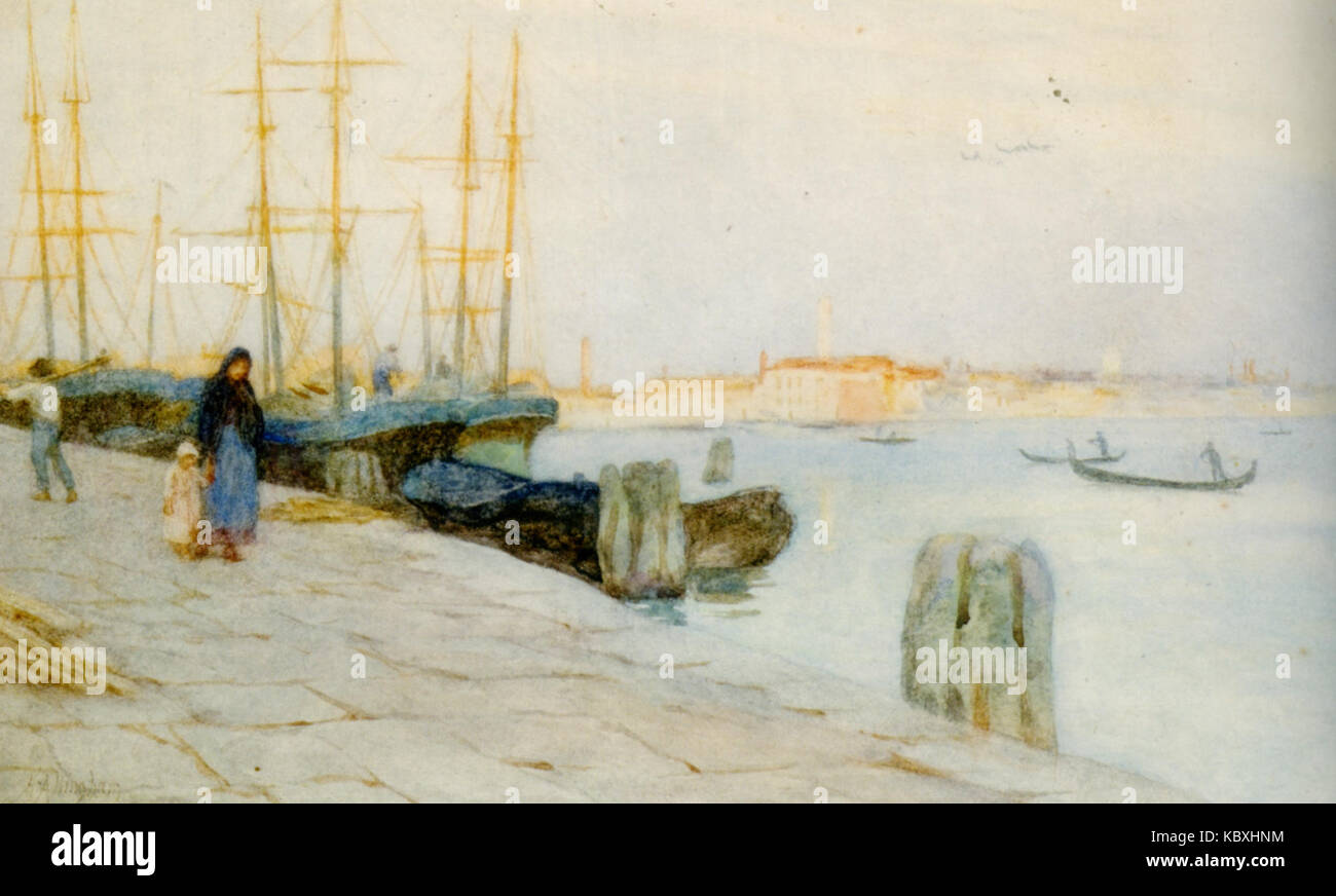 Ein Gemälde von Helen Allingham mit dem Titel „Morgen am Quay Venice“, das eine ruhige Morgenszene entlang der Kanäle von Venedig darstellt. Das Kunstwerk fängt die ruhige Atmosphäre, die Lichtreflexionen auf dem Wasser und die venezianische Architektur ein. Stockfoto