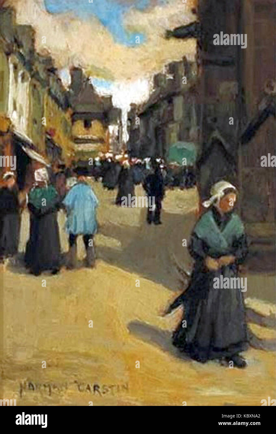 Norman Garstins Gemälde „Saturday Josselin“ aus dem Jahr 1911 fängt die malerische Stadt Josselin in Frankreich ein und bietet einen Einblick in das damalige ländliche Leben. Stockfoto