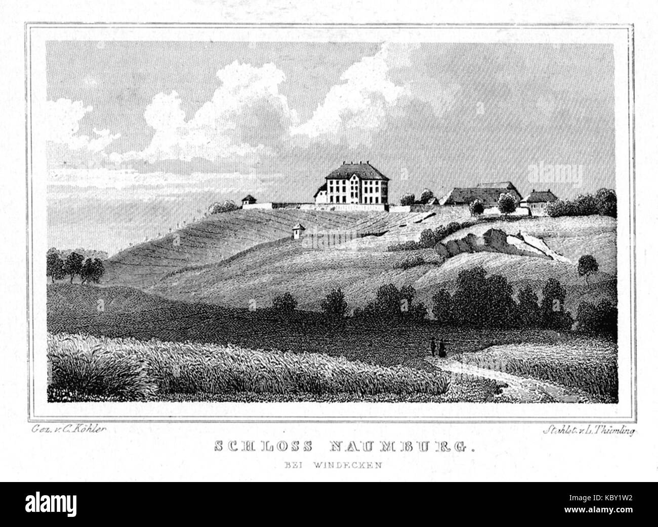 Schloss Naumburg, ein historisches Schloss in Naumburg, wurde 1850 fotografiert. Das Bild zeigt die Architektur und historische Bedeutung dieses Wahrzeichens im 19. Jahrhundert. Stockfoto