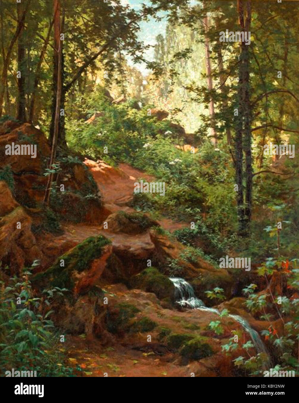 Henri Biva, Woodland Interieur mit Bach, Öl auf Leinwand, 81,9 x 65,4 cm Stockfoto