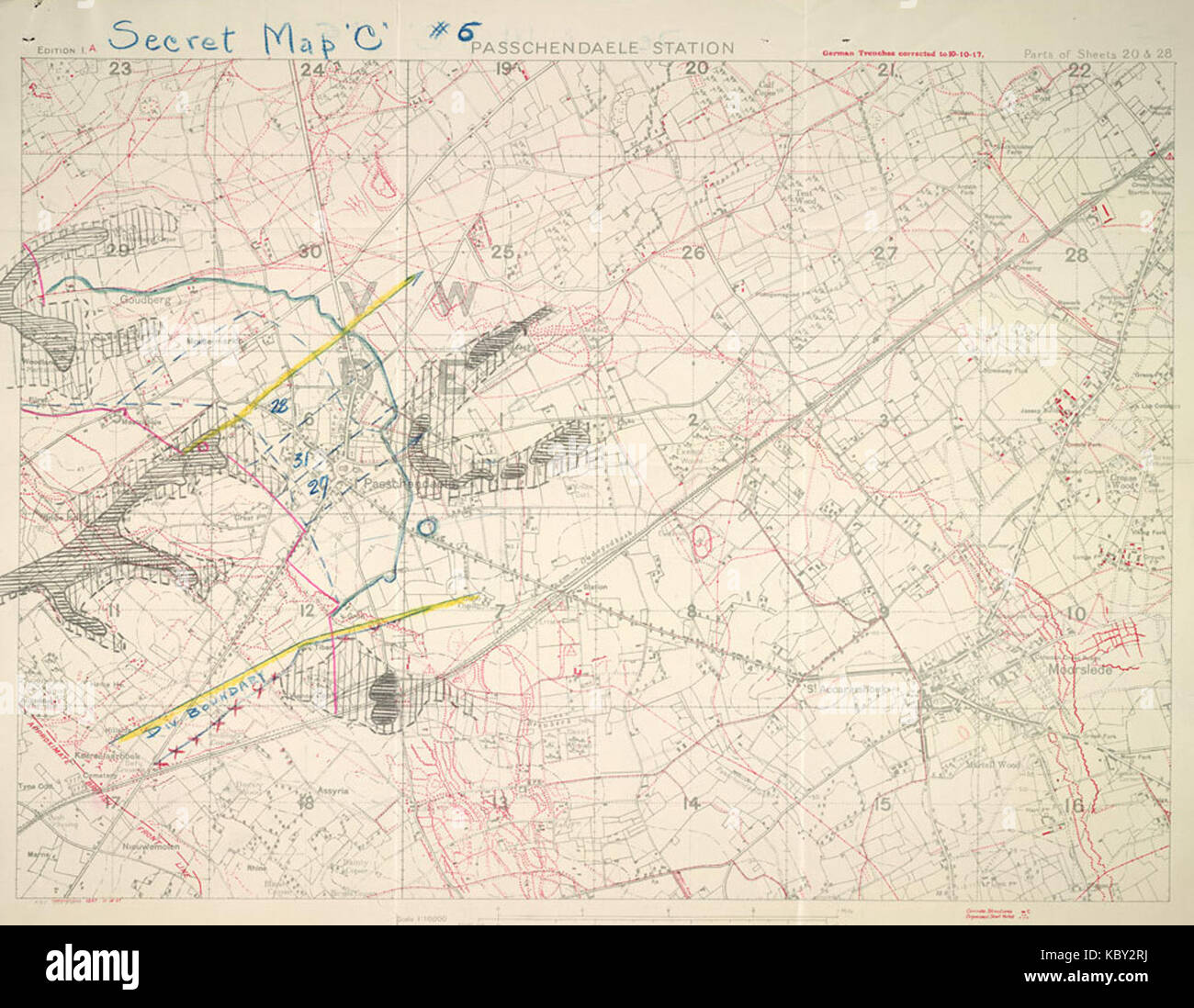 Eine historische Karte, die die Planung der Brigade für die dritte Stufe der zweiten Schlacht von Passchendaele am 6. November darstellt. Es zeigt die strategischen militärischen Bewegungen und das Schlachtfeld während des Ersten Weltkriegs Stockfoto
