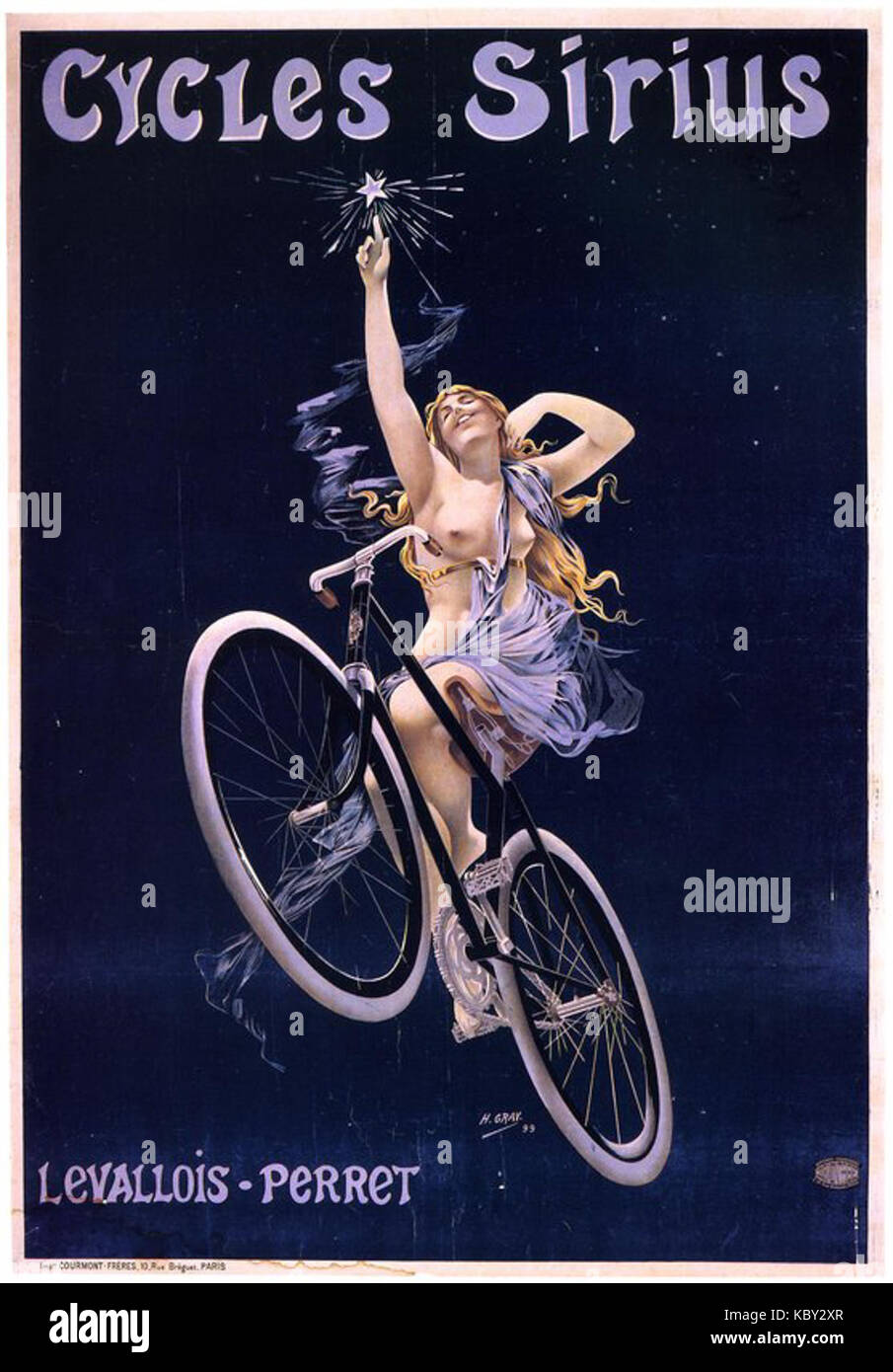 „Affiche Cycles Sirius“ bezieht sich auf ein Poster oder eine Werbung im Zusammenhang mit der Fahrradmarke Sirius, auf der wahrscheinlich ein bestimmtes Modell oder eine bestimmte Werbeaktion eines Fahrradunternehmens oder einer Fahrradveranstaltung dargestellt wird. Stockfoto