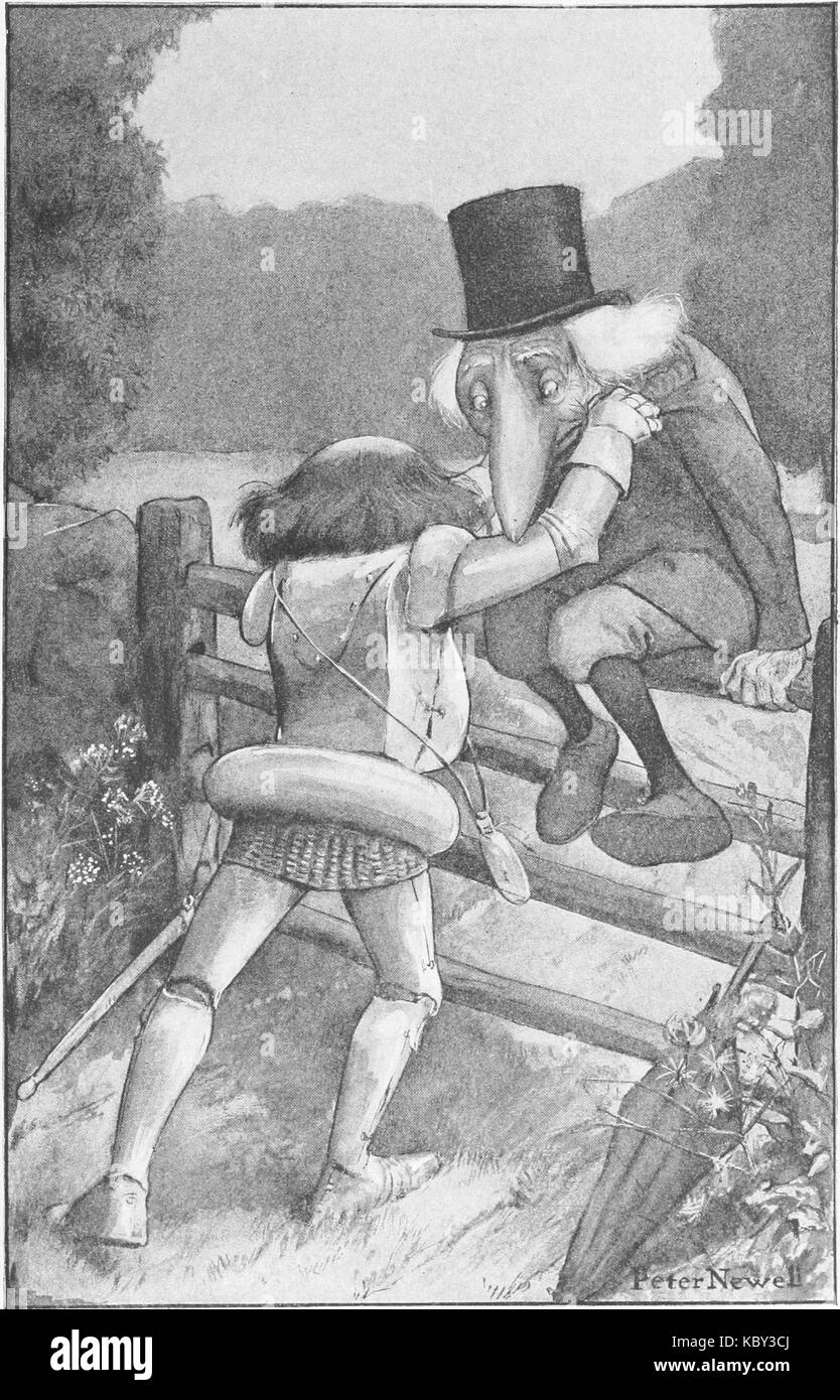 Diese Seite aus Peter Newells Ausgabe von 1902 von „Through the Looking Glass and What Alice found There“ zeigt eine Szene aus der klassischen Lewis Carroll-Geschichte und hebt Newells skurrile und detaillierte Illustrationen hervor. Stockfoto