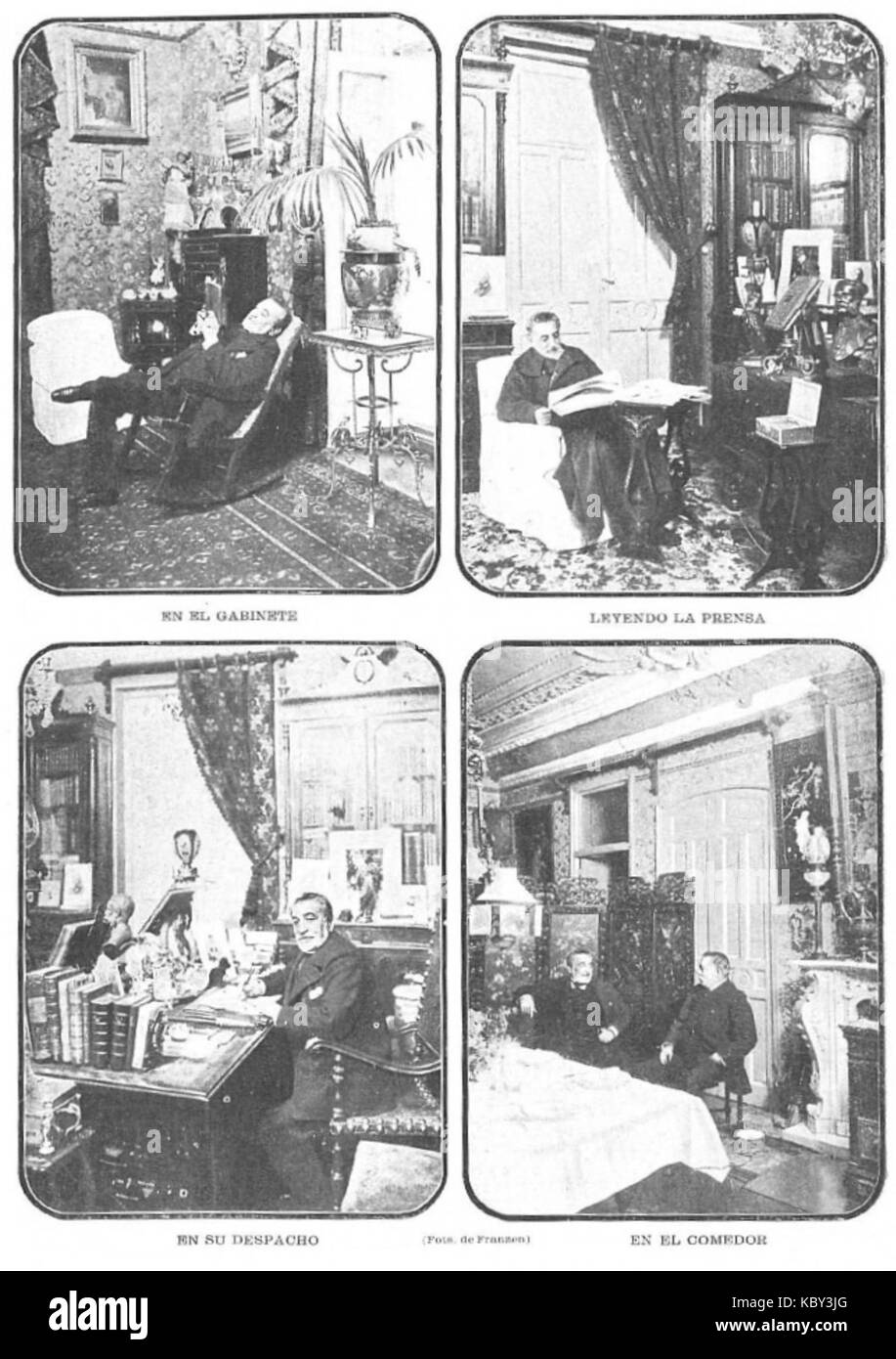 Dieses Bild zeigt Sagasta in seinem Haus in Madrid, geschaffen von dem Künstler Franzen. Sagasta war ein prominenter spanischer Politiker, und das Porträt spiegelt einen bedeutenden Moment in seinem persönlichen und politischen Leben während seiner Zeit als Premierminister wider. Stockfoto