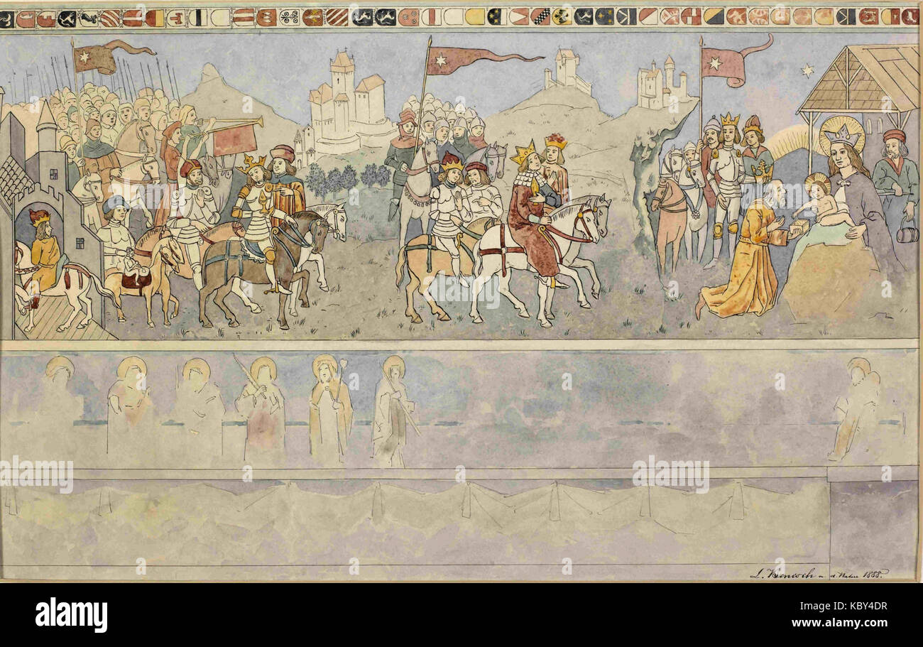 Ladislav Benesch Risba Freske Iz Luteranske Kapele Na Turjaku Z Motivom Pohoda Svetih Treh Kraljev Stockfoto