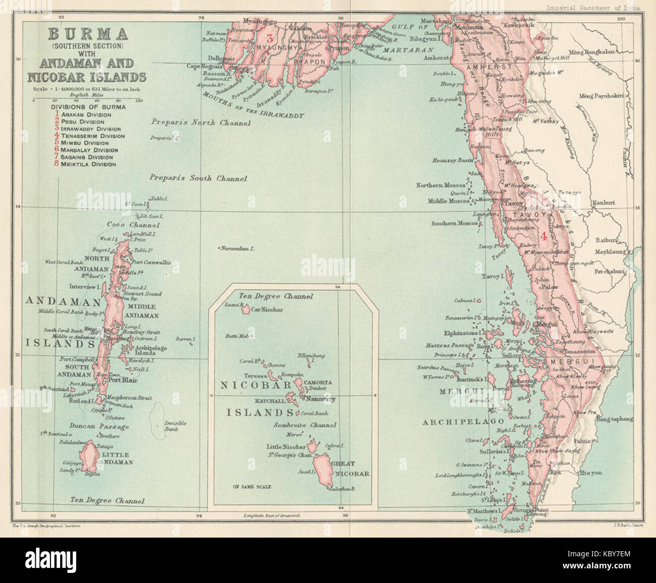 Karte von Burma (südlicher Teil) mit der Andamanen und Nikobaren Inseln aus der Imperial Gazetteer von Indien (1907 1909) Stockfoto