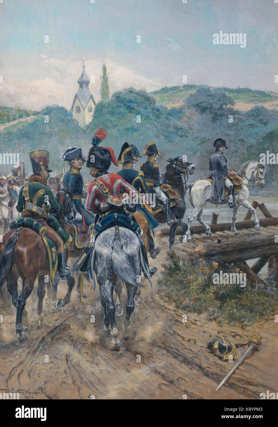 Dieses Bild zeigt Napoleon Bonaparte, der die Brücke zur Insel Lobau während der Schlacht bei Aspern-Essling 1809 überquert und damit einen wichtigen Moment in seinem Feldzug markiert. Stockfoto