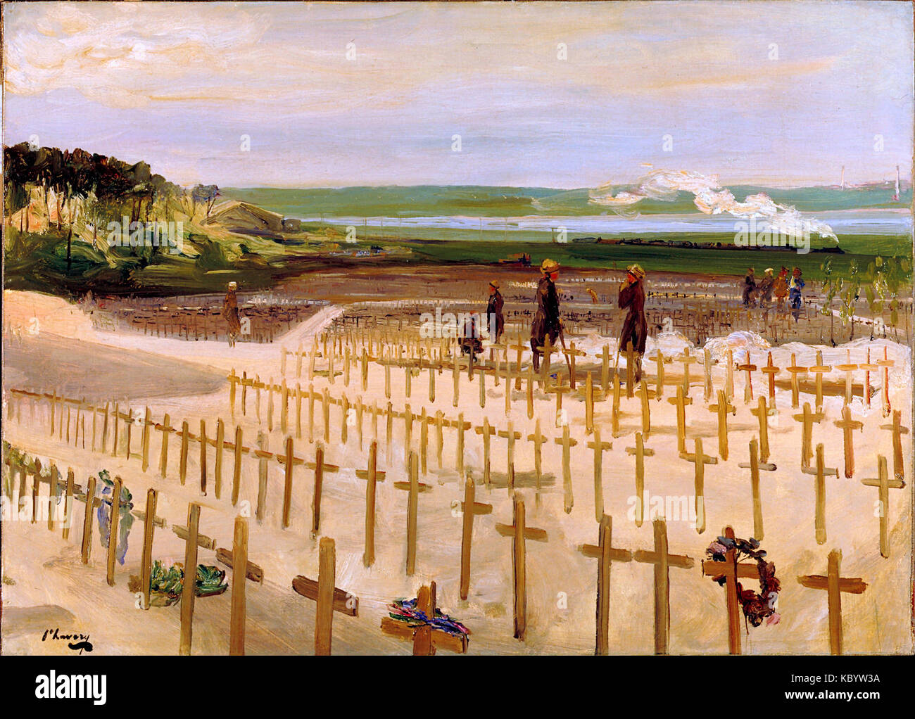 „The Cemetery, Etaples“ von Sir John Lavery zeigt eine Szene aus der Nachkriegszeit und zeigt die Feierlichkeit eines Friedhofs in Etaples, Frankreich, auf dem viele Soldaten während des Krieges begraben wurden. Stockfoto