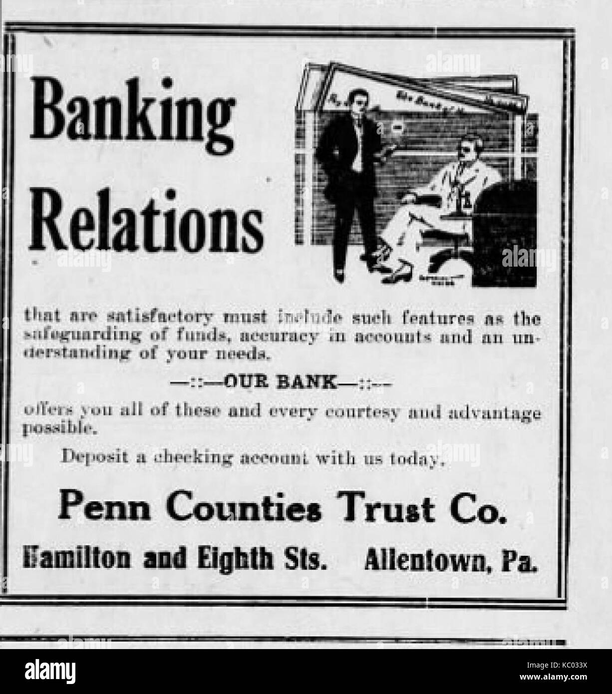 1915 Penn Grafschaften Treuhandgesellschaft Zeitung Anzeige 3 Allentown PA Stockfoto