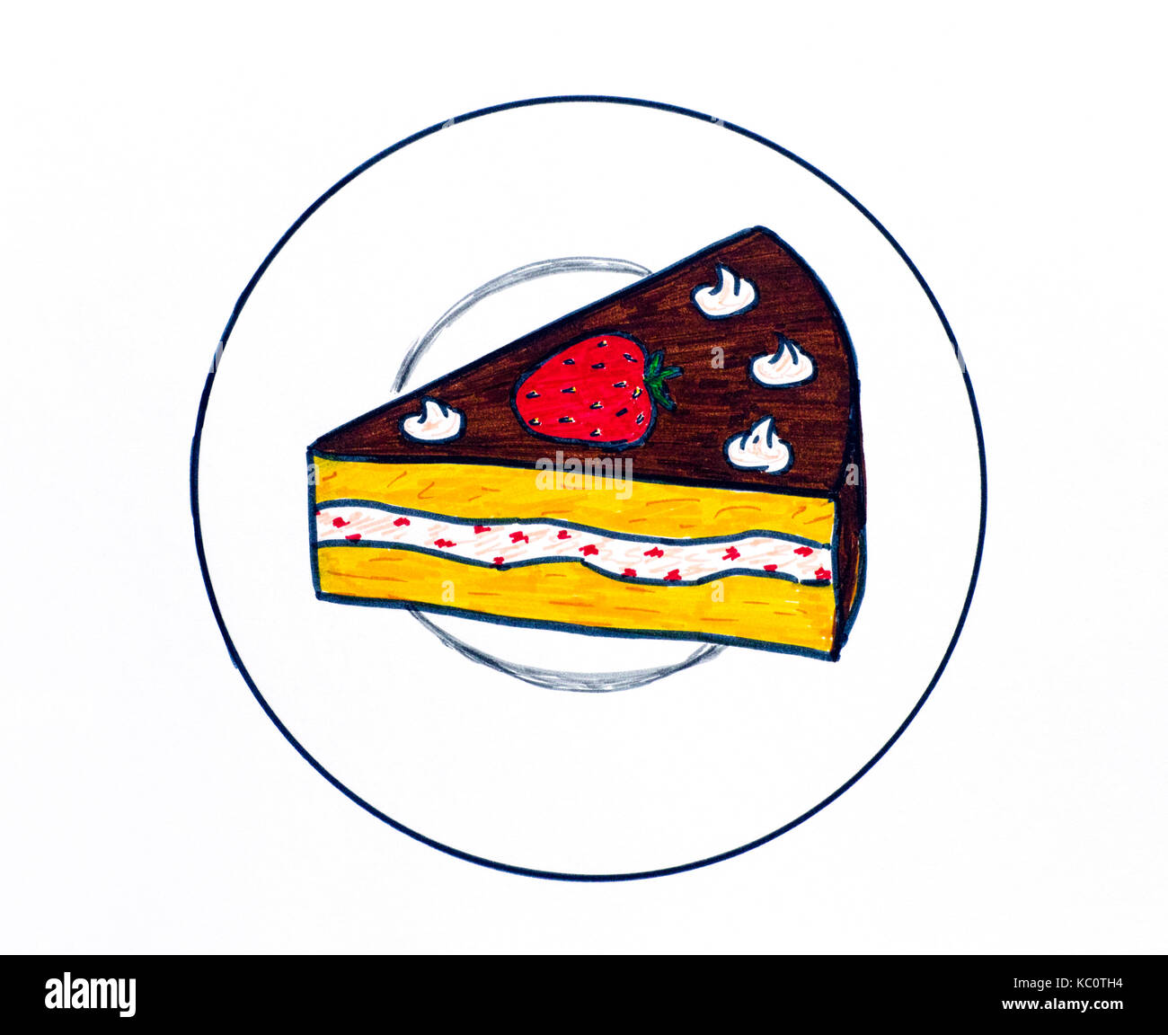 Stück Kuchen auf weiße Platte. Marker Hand zeichnen. Stockfoto Stück Kuchen auf weiße Platte. Marker Hand zeichnen. Stockfoto