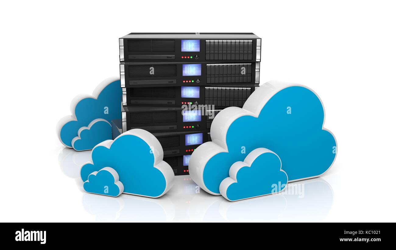 Server Rack und Cloud Symbole auf weißem Hintergrund. Stockfoto